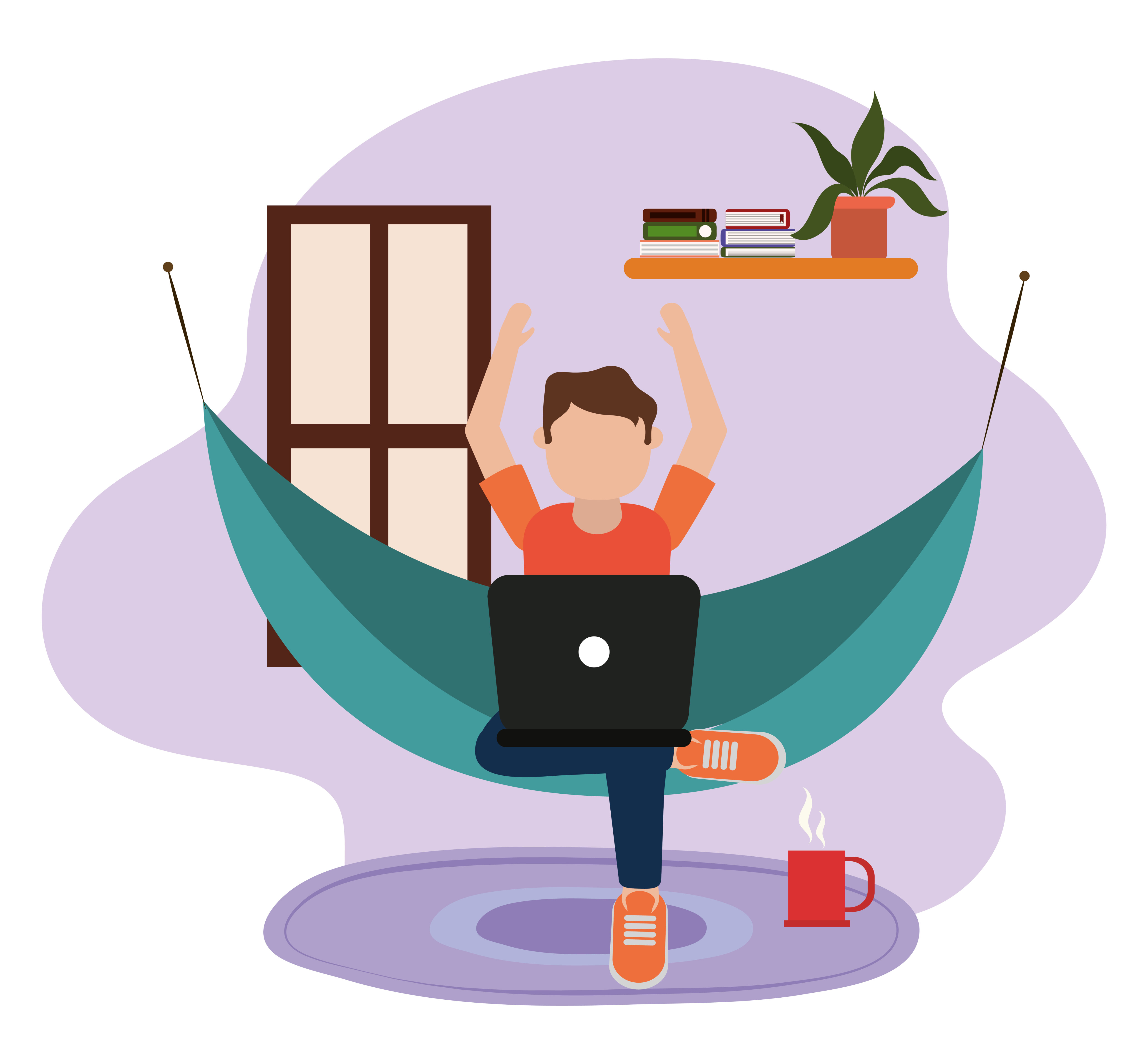 working at home, young man using laptop on hammock in room, people at home in quarantine Free Vector