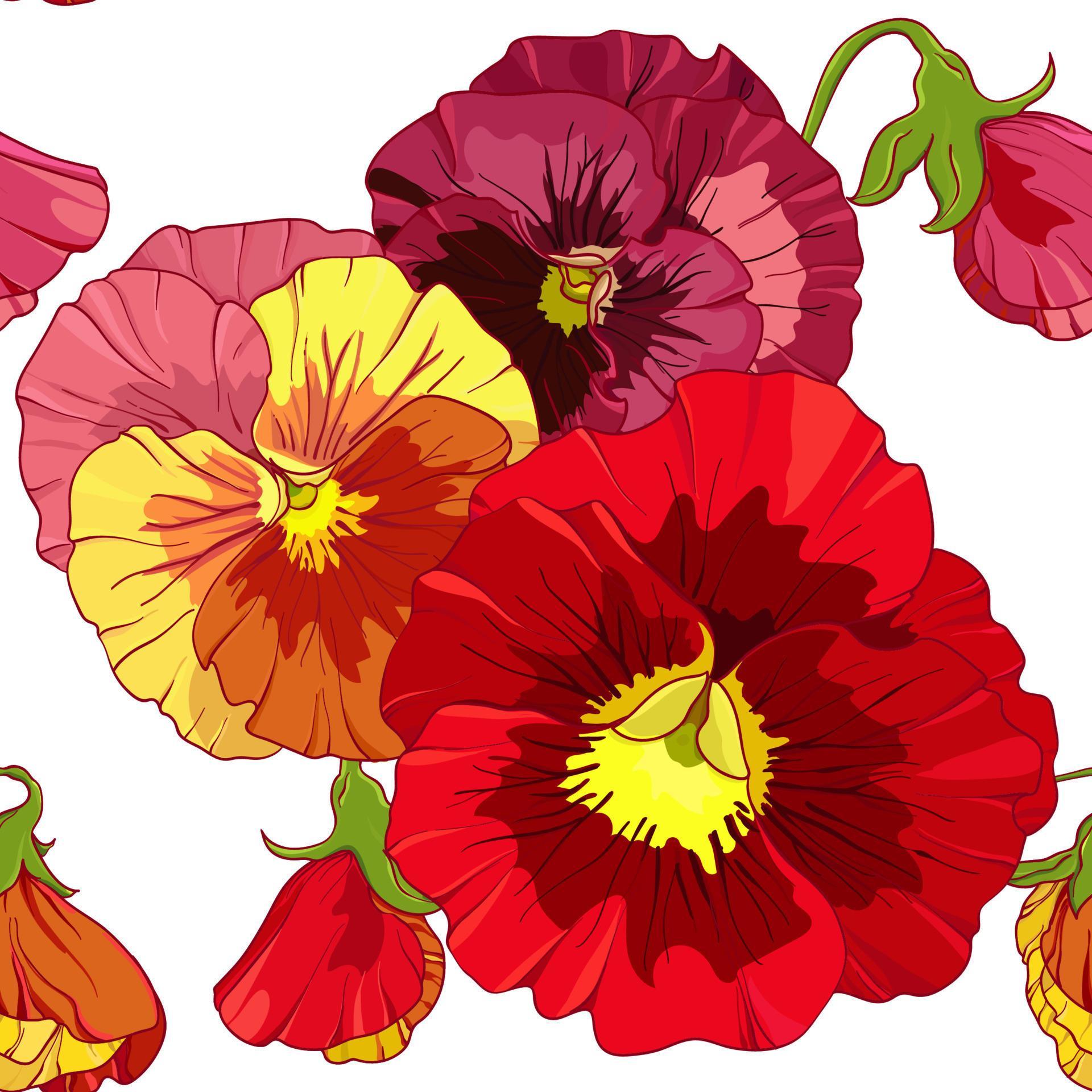 Bright red and orange flowers of pansy . Seamless vector pattern. Hand drawing vector illustration. Stock Free