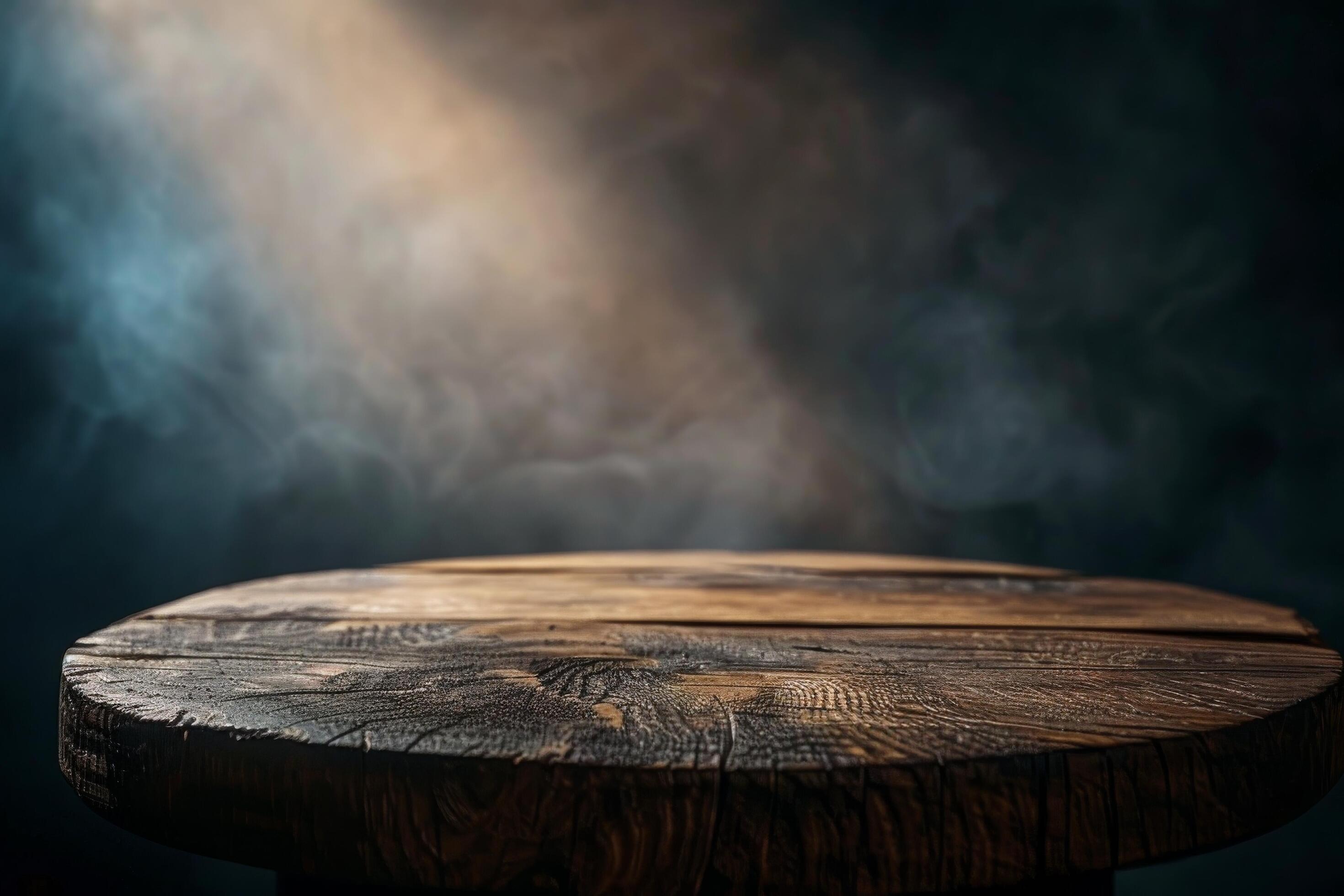 Dark Rustic Wooden Tabletop With Blue Background and Smoke Stock Free