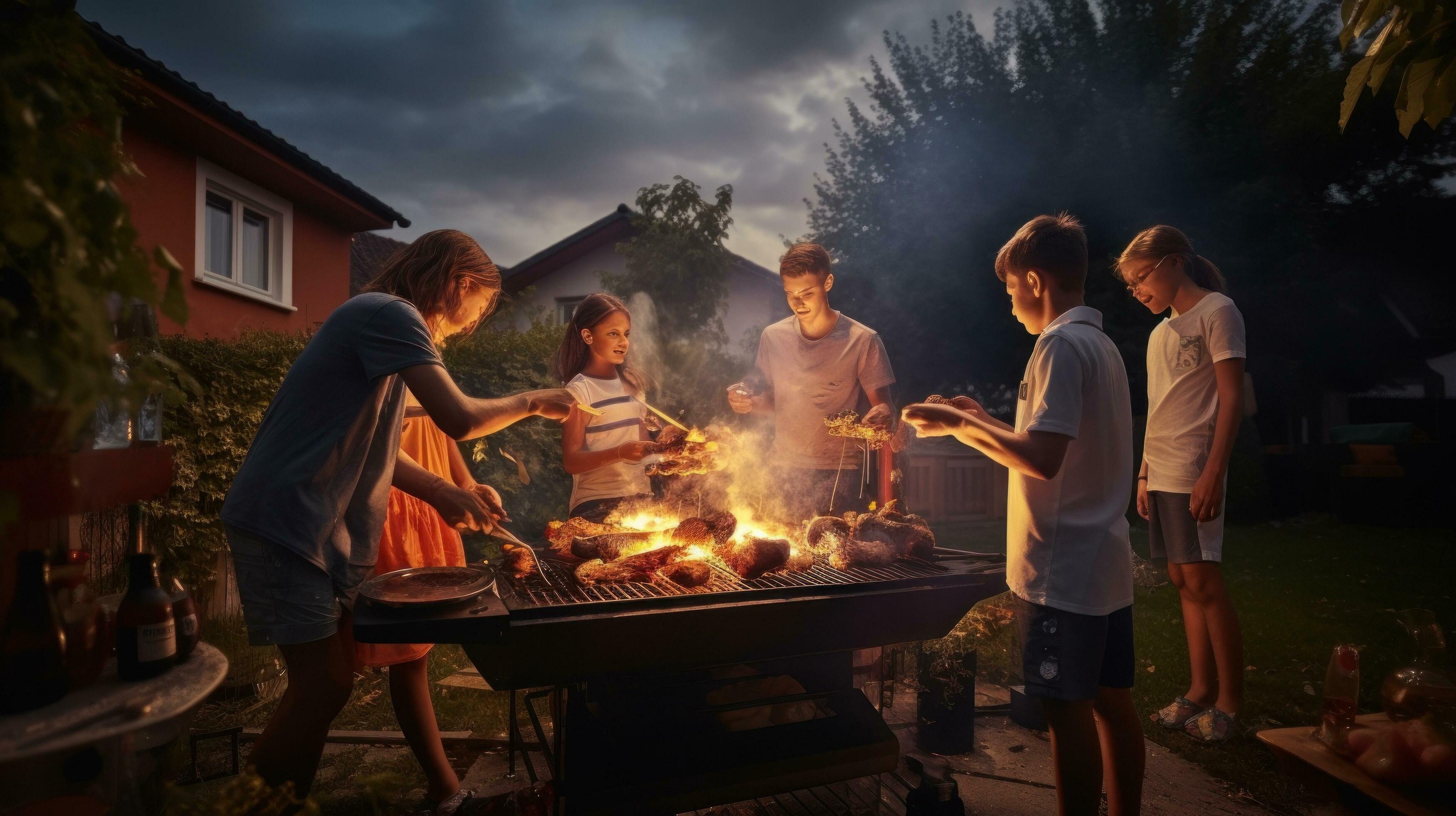 Young family is grilling at the barbecue Stock Free