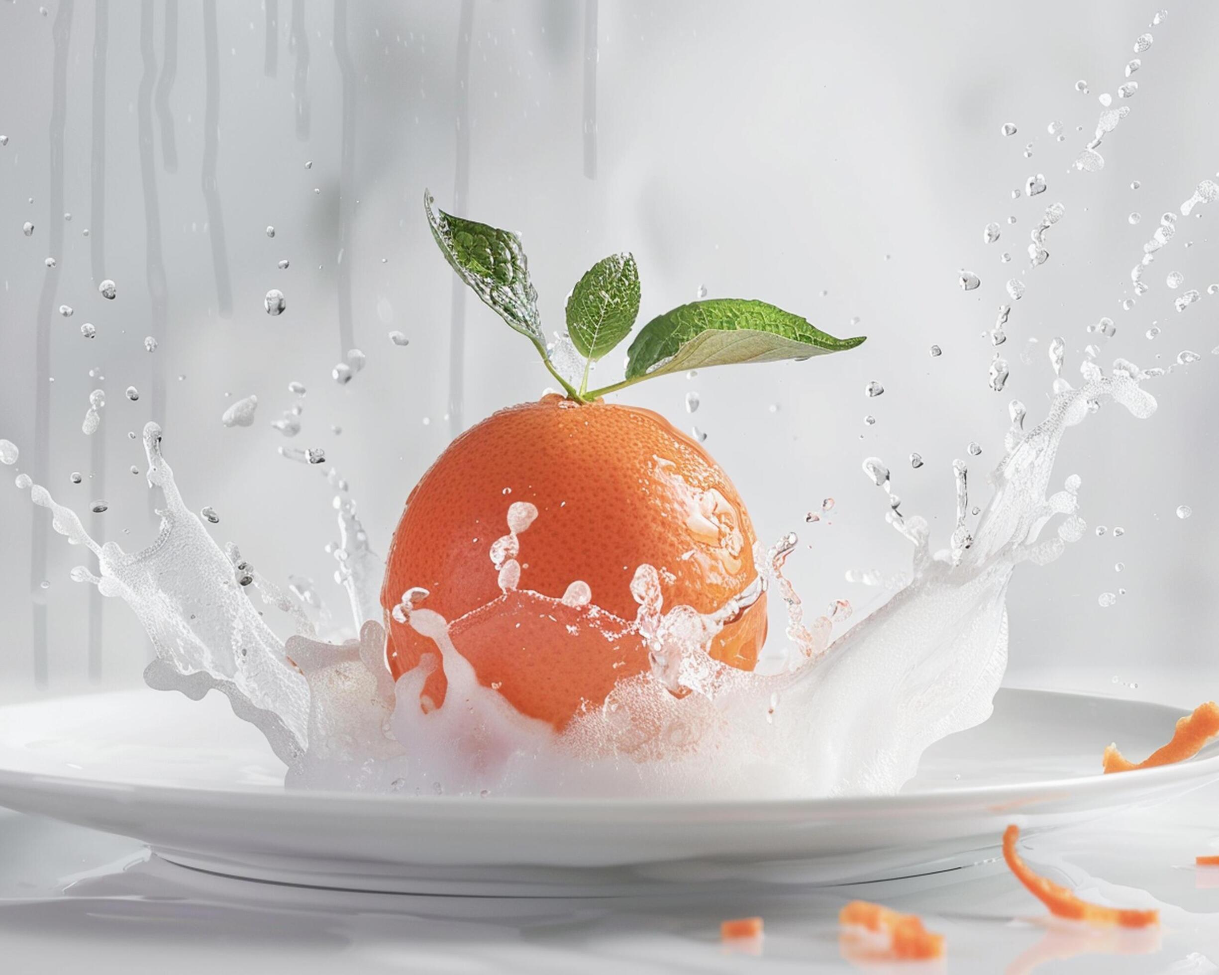 an orange is splashing water on a plate Stock Free