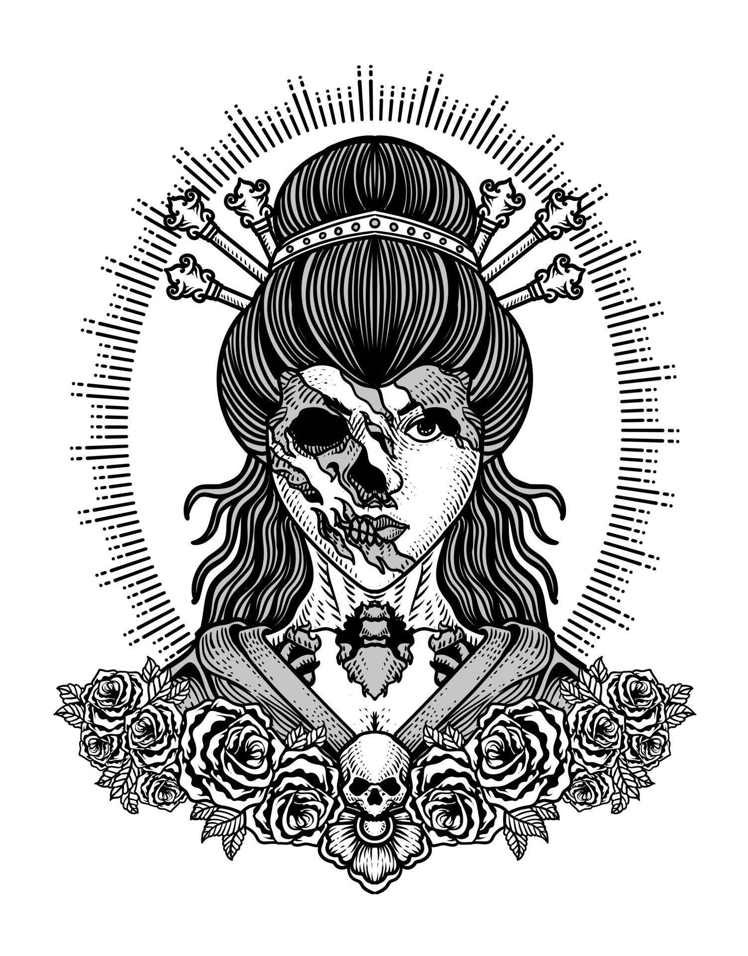 Illustration vector geisha skull with rose flowers, Tattoo design. Stock Free