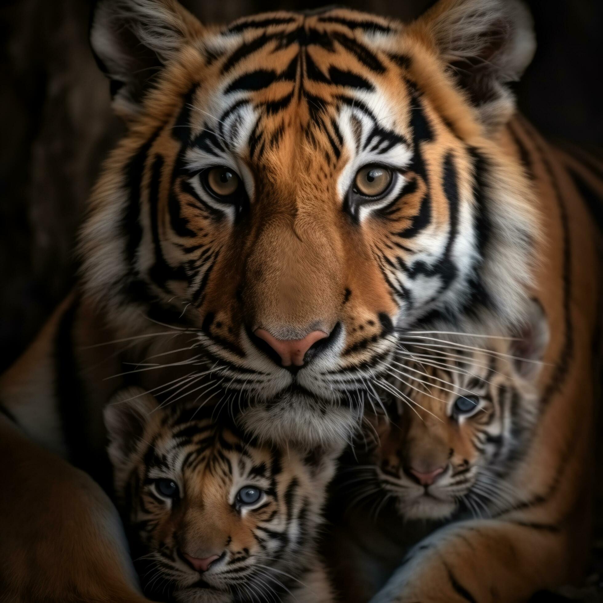 close up portrait of tiger family, mother and cubs, generative ai Stock Free