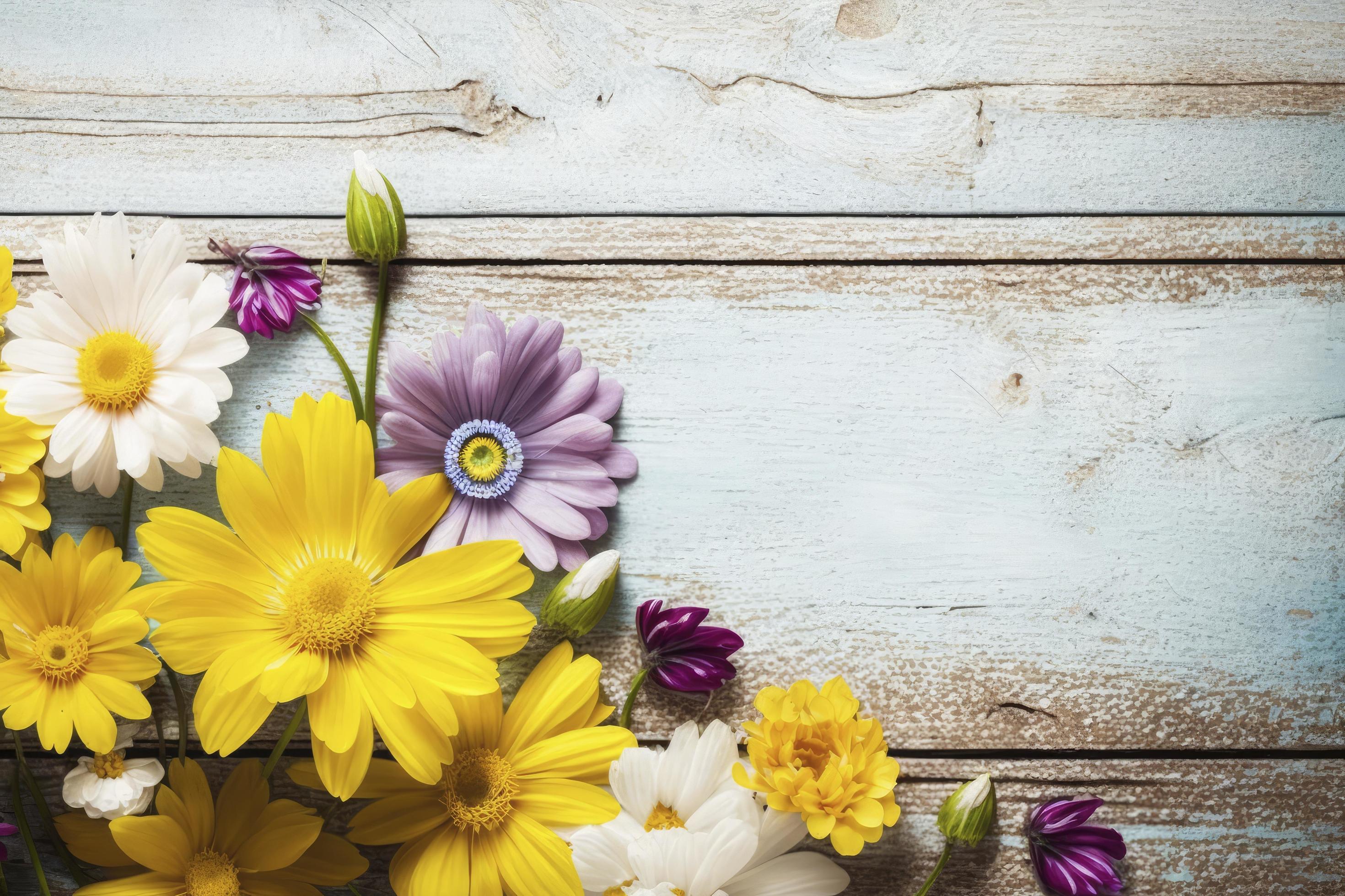 Garden flowers over wooden background stock photo Springtime, generate ai Stock Free