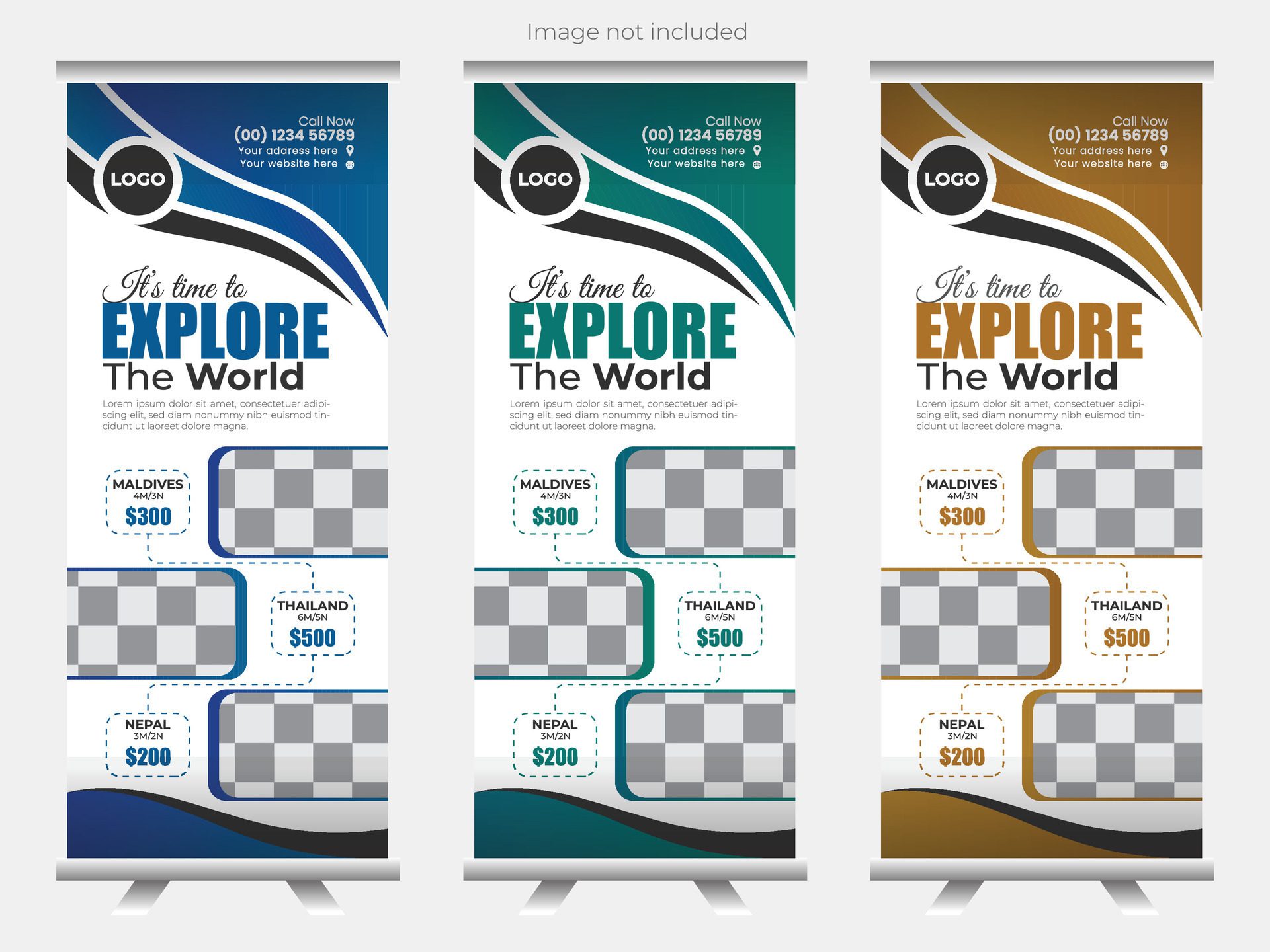 Travel rollup banner design with 3 color variation. Free Vector