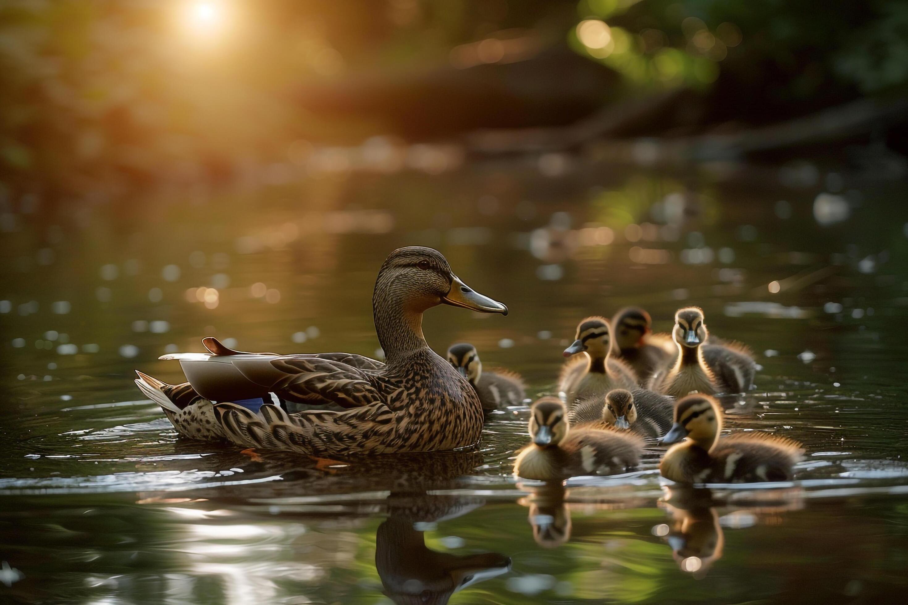 Duck Family Swimming in Pond at Sunset Background Stock Free