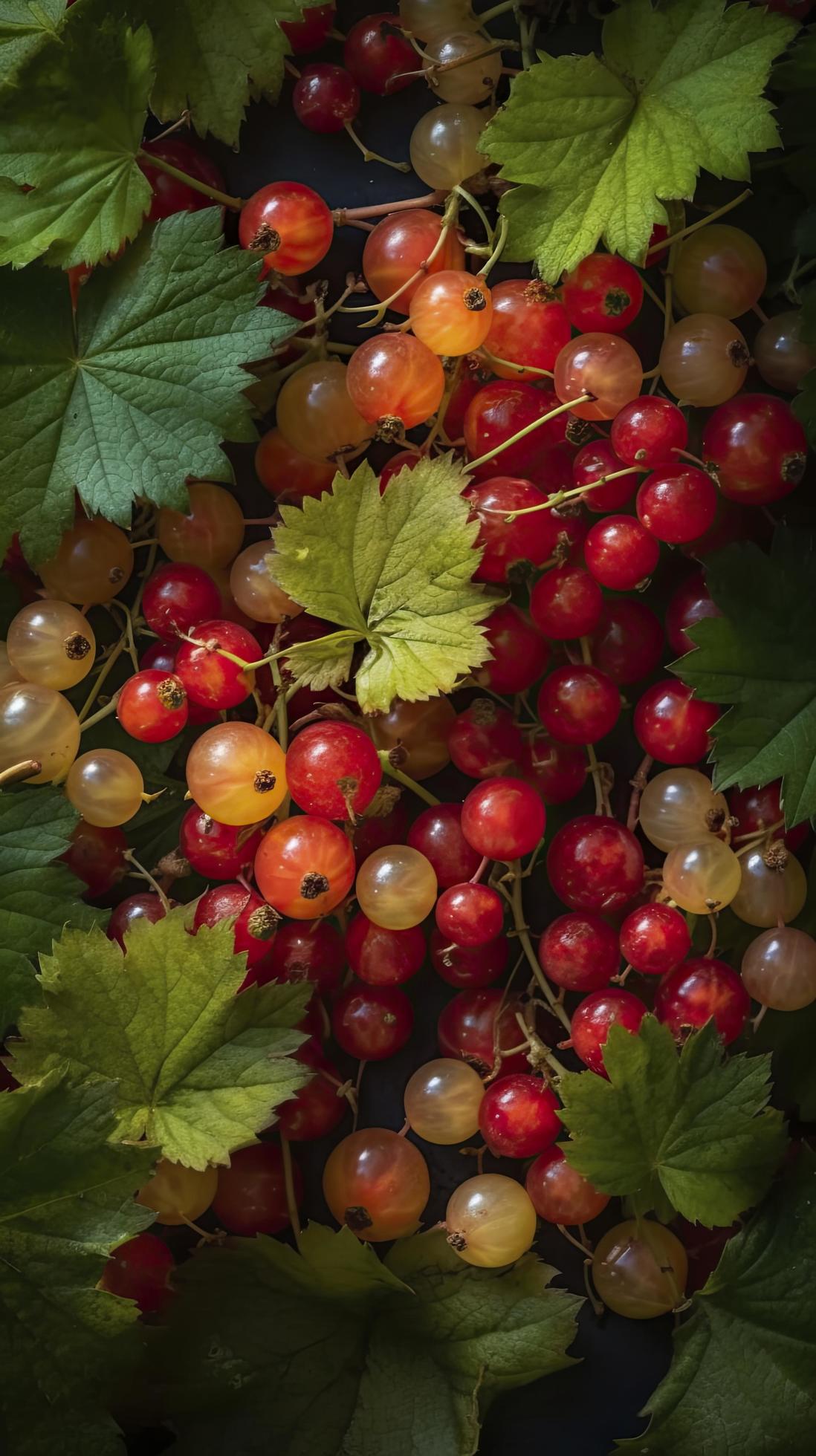 an image of red currant berries and yellow leaves, in the style of light red and light emerald, generat ai Free Photo