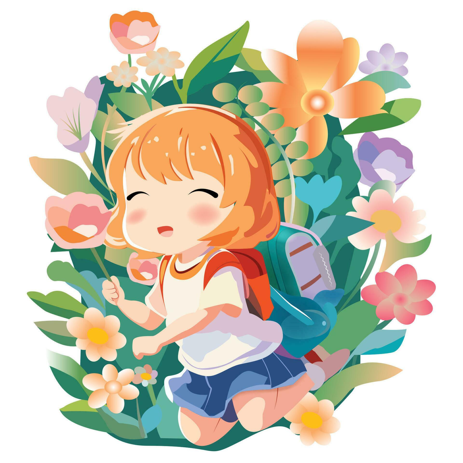 Kawaii style litter girl cute doodles in the flower garden Stock Free