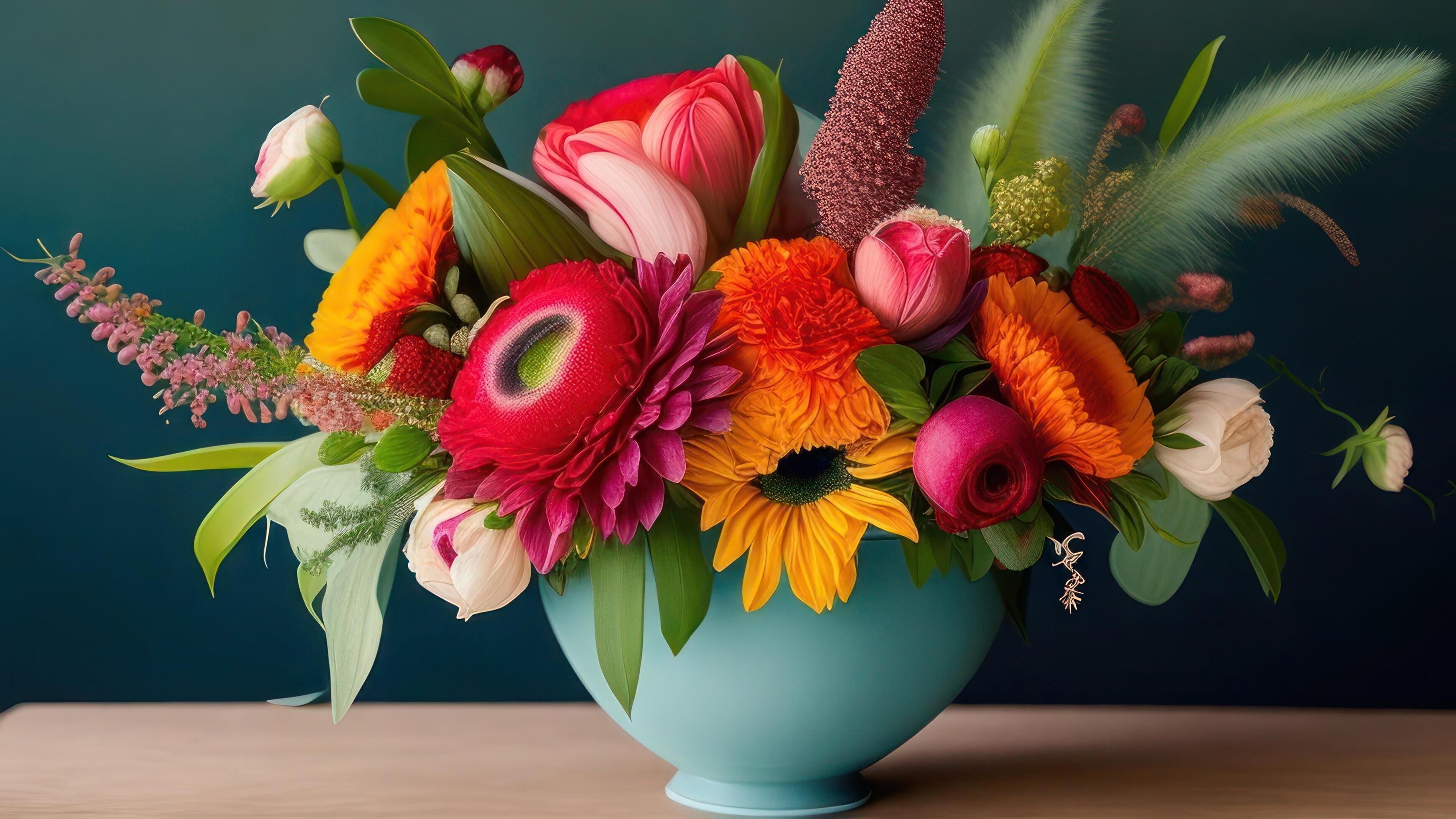 Bouquet of flowers in a vase on a wooden table. Stock Free