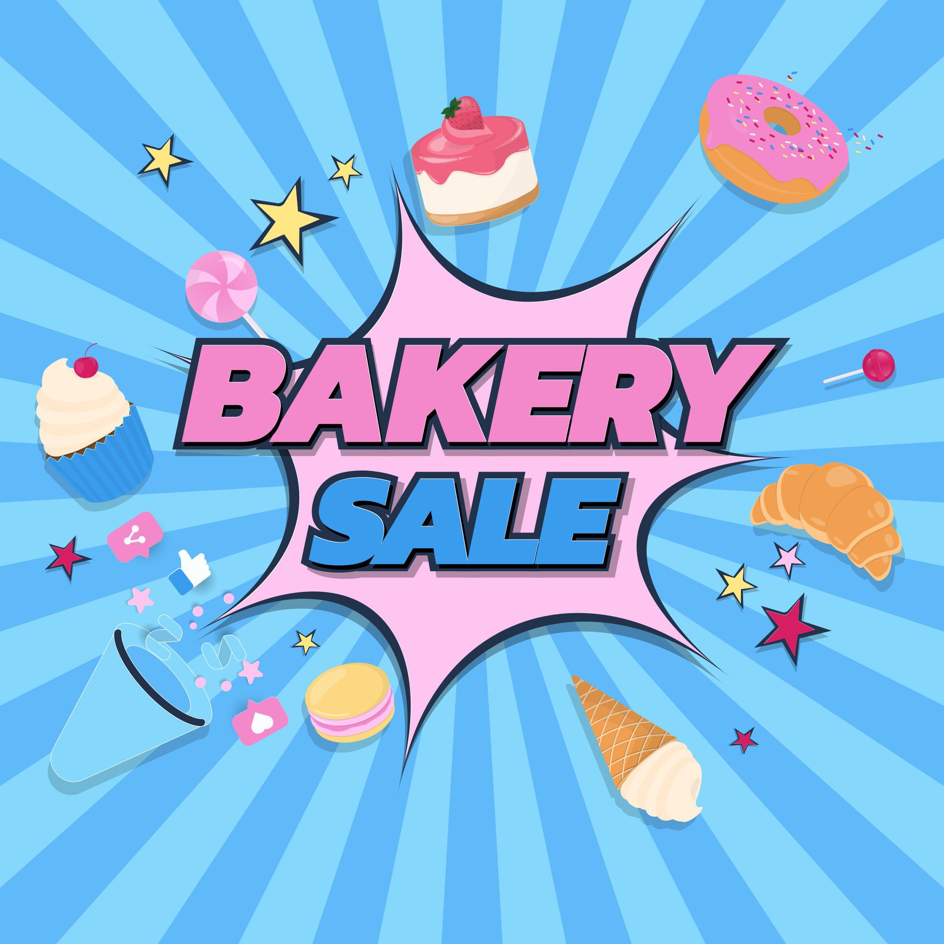 Bakery sale banner with dessert and megaphone Free Vector