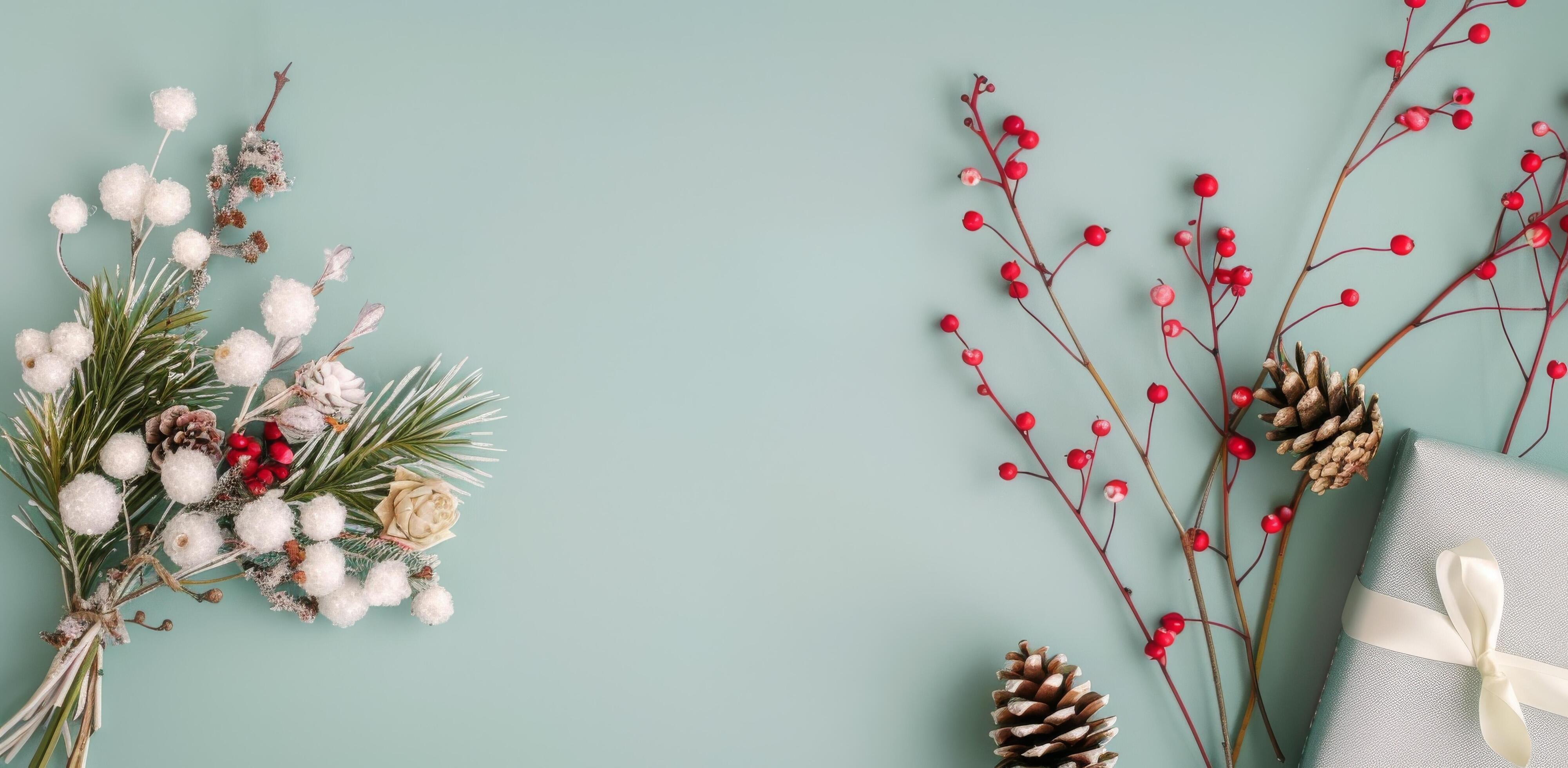 Festive Holiday Arrangement With Pine Cones, Berries, and Wrapped Gift on Light Background Stock Free