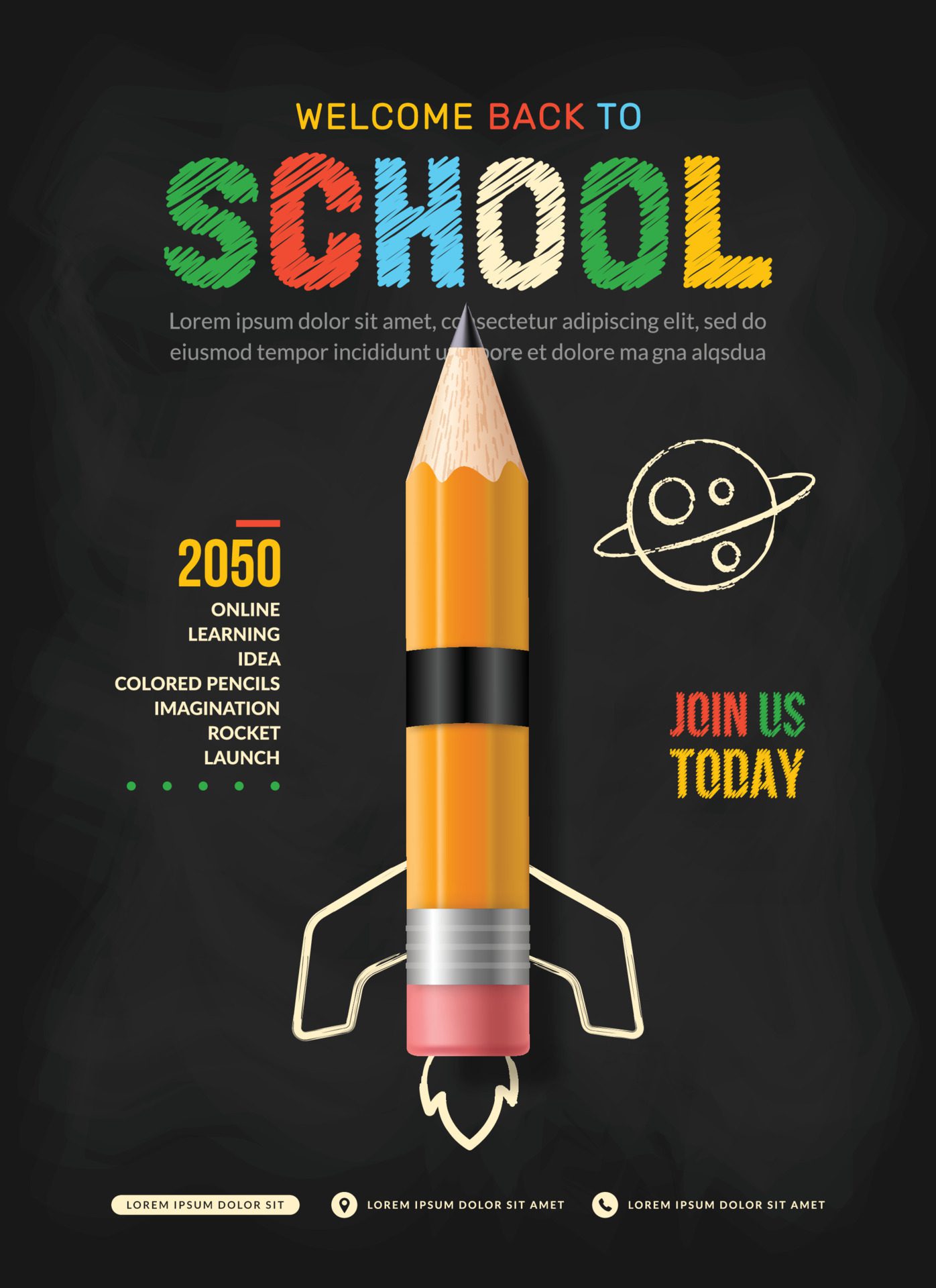 Pencil rocket launching to space background. Back to school concept for invitation poster and banner, Online learning and Web page template Free Vector