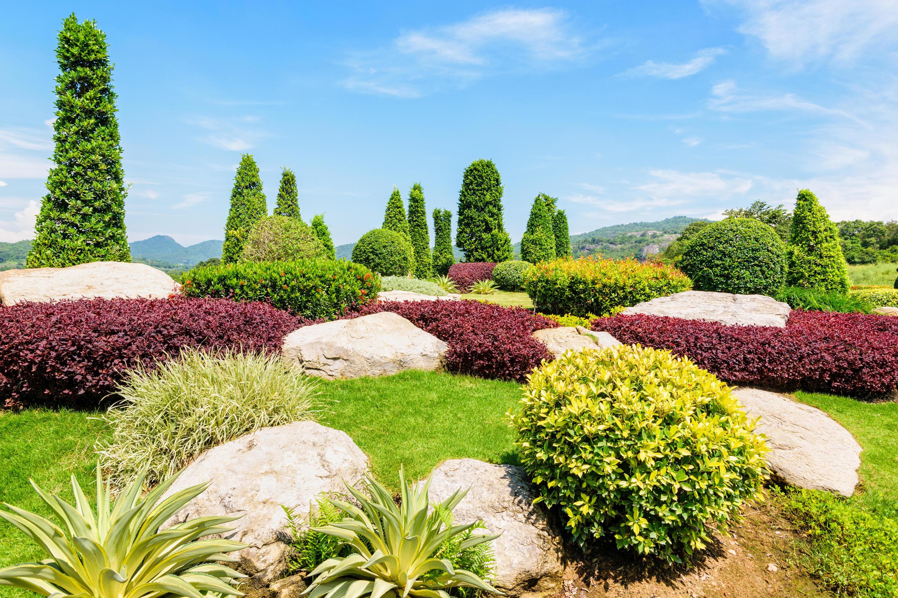 Beautiful garden decorated with stones, ornamental plants and trees are pruned under the blue sky. Stock Free