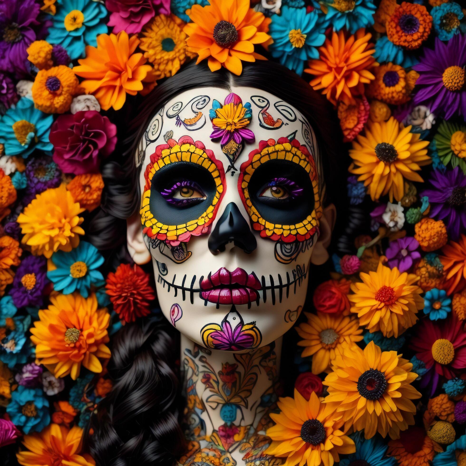 Day of the Dead sugar skull woman with colorful flowers background, close up. Stock Free