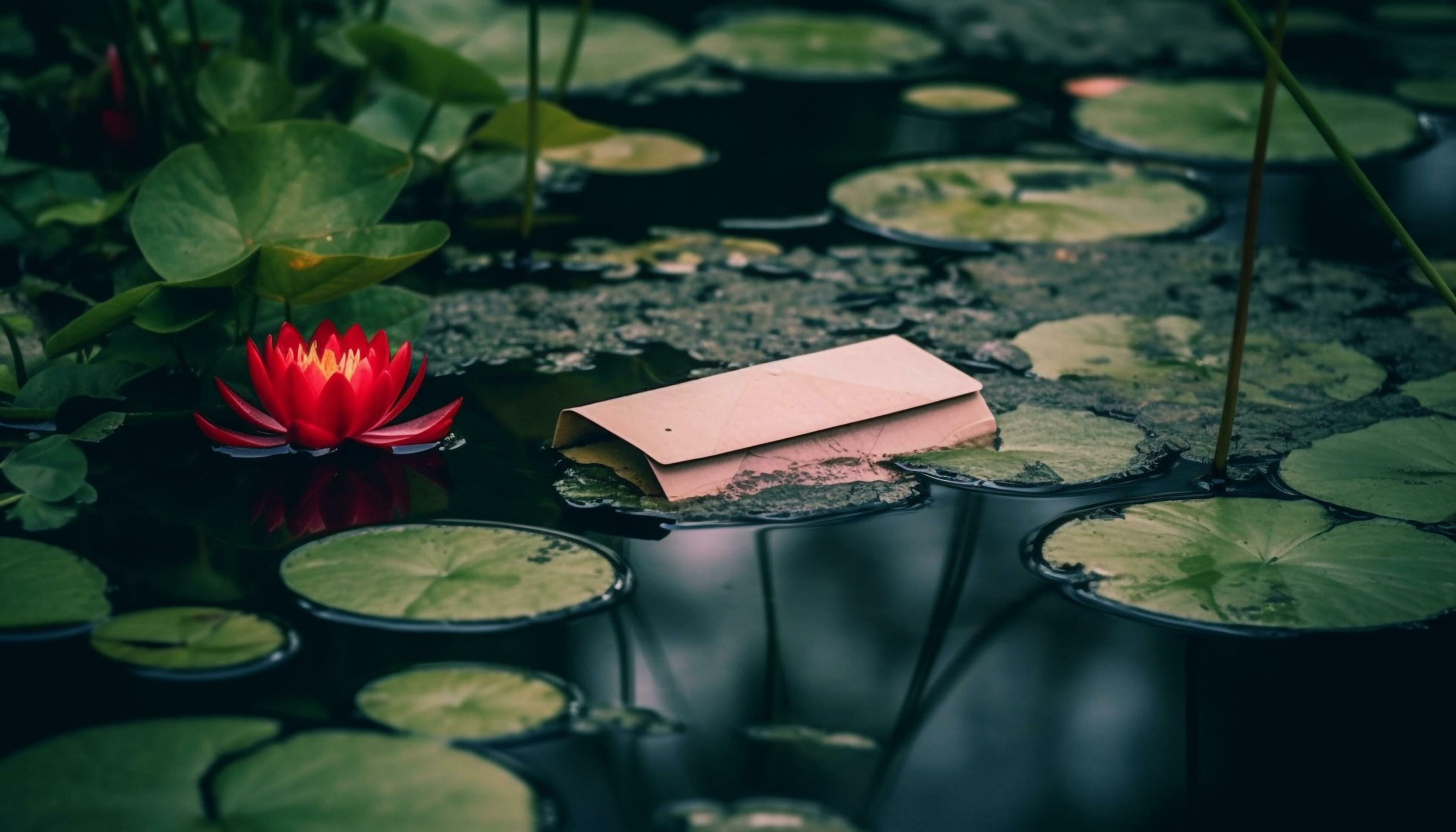 Lotus flower floating on pond, symbol of spirituality and tranquility generated by AI Stock Free