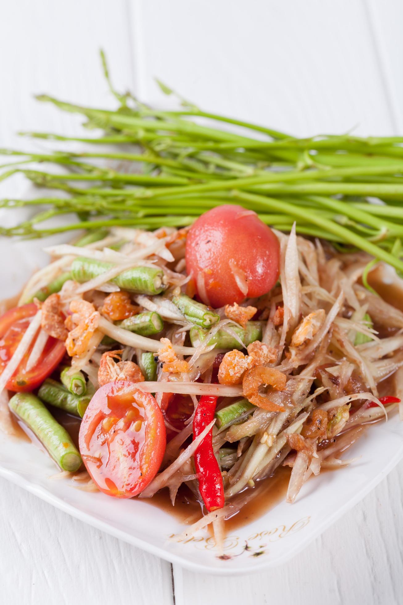 Somtum, papaya salad delicious food in thailand Stock Free