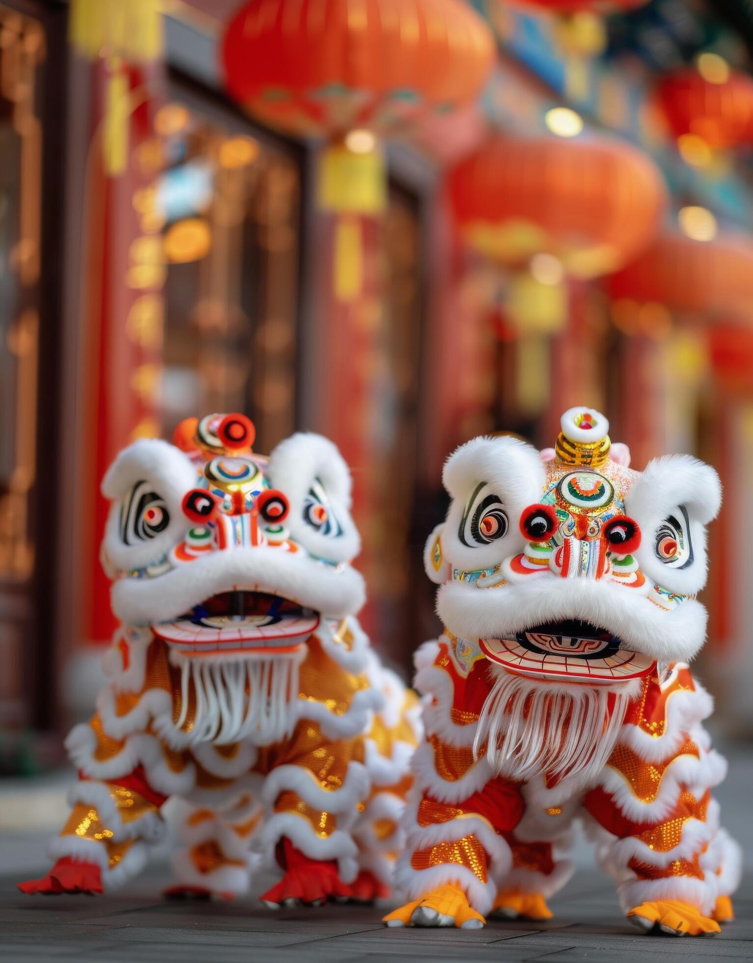 Traditional Lion Dance Performance During Lunar New Year Celebrations in Chinatown Stock Free