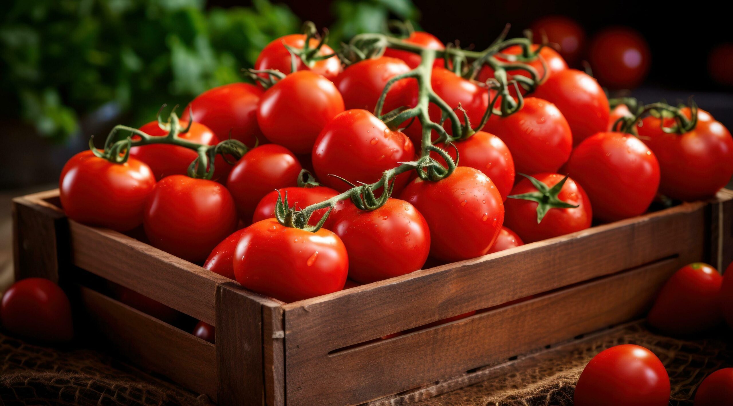 a wooden box full of tomatoes in the garden, Free Photo