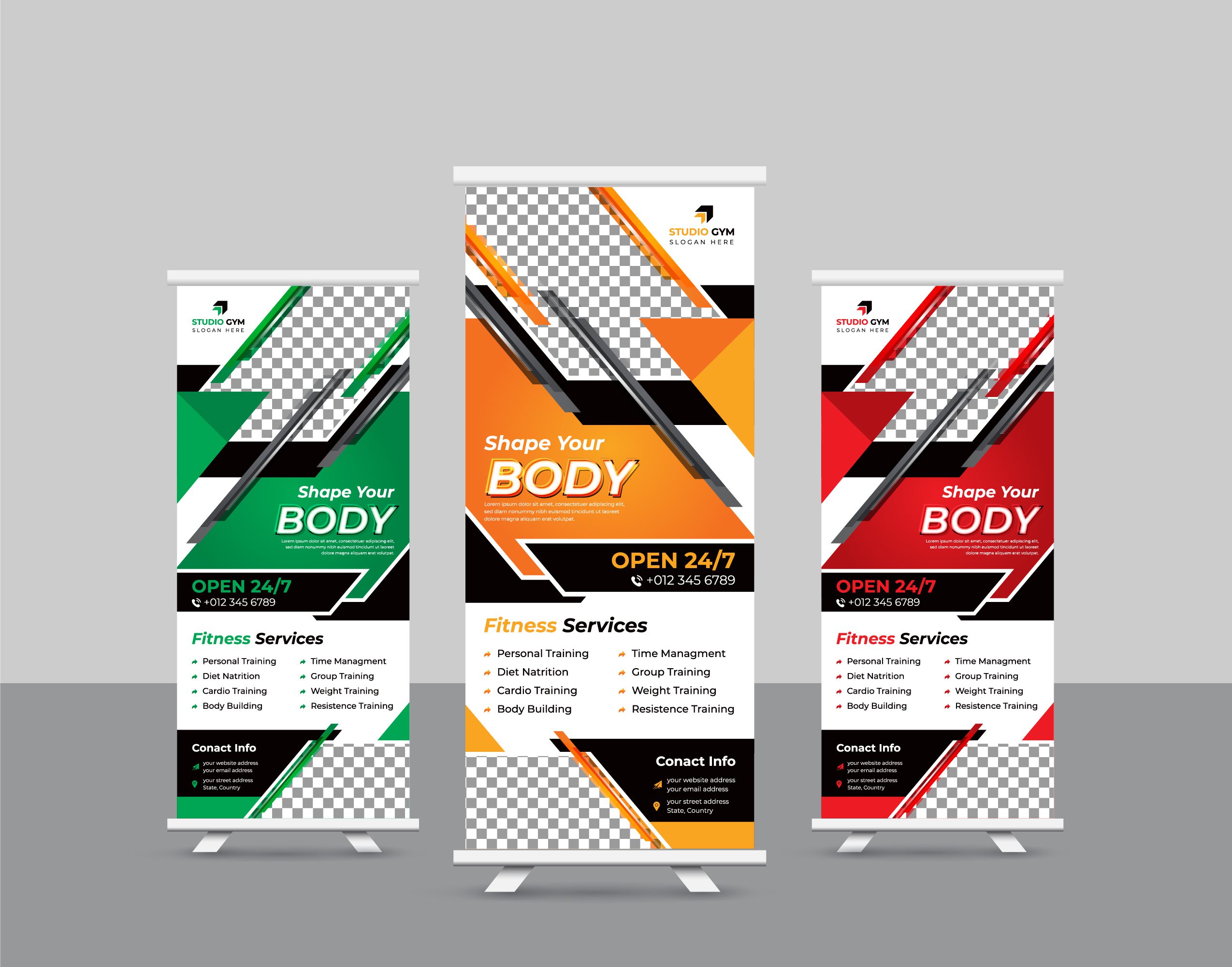 
									Fitness Colorful GYM Roll Up Stand Banner Set Free Vector