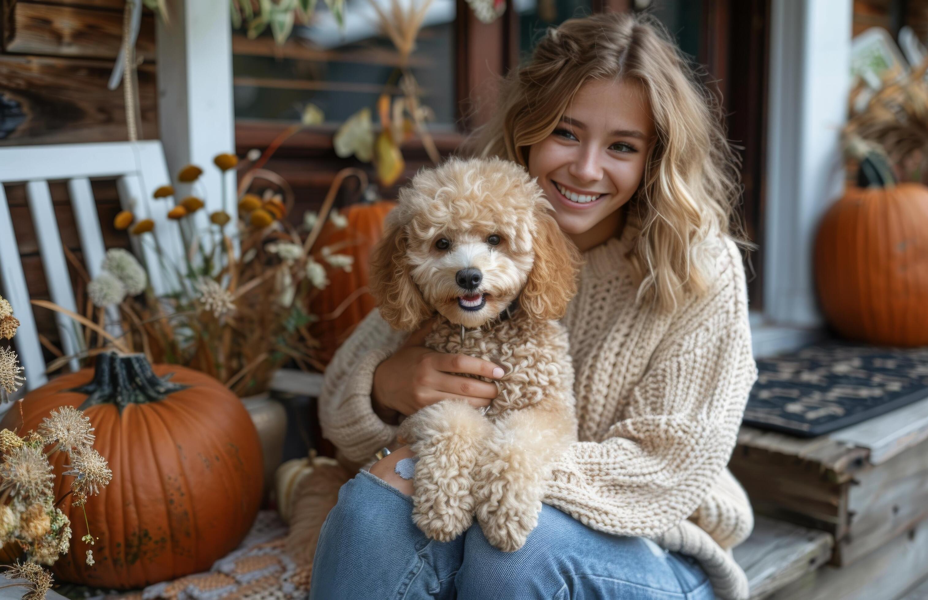 Young Woman Hugging Small Brown Dog on Fall Porch Stock Free