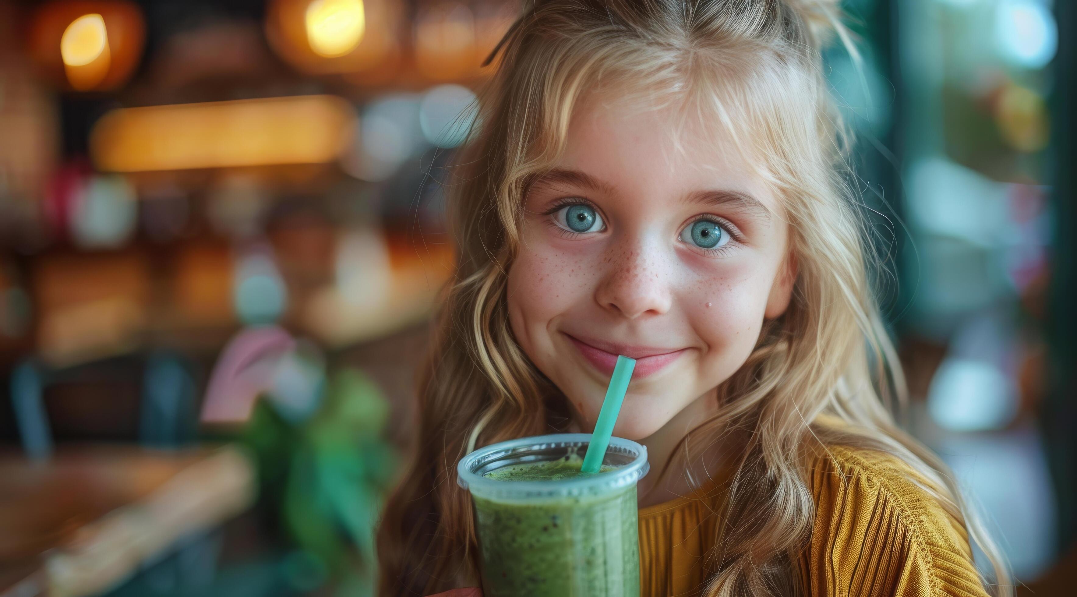 Smiling Girl Enjoying a Green Smoothie in a Cafe Stock Free