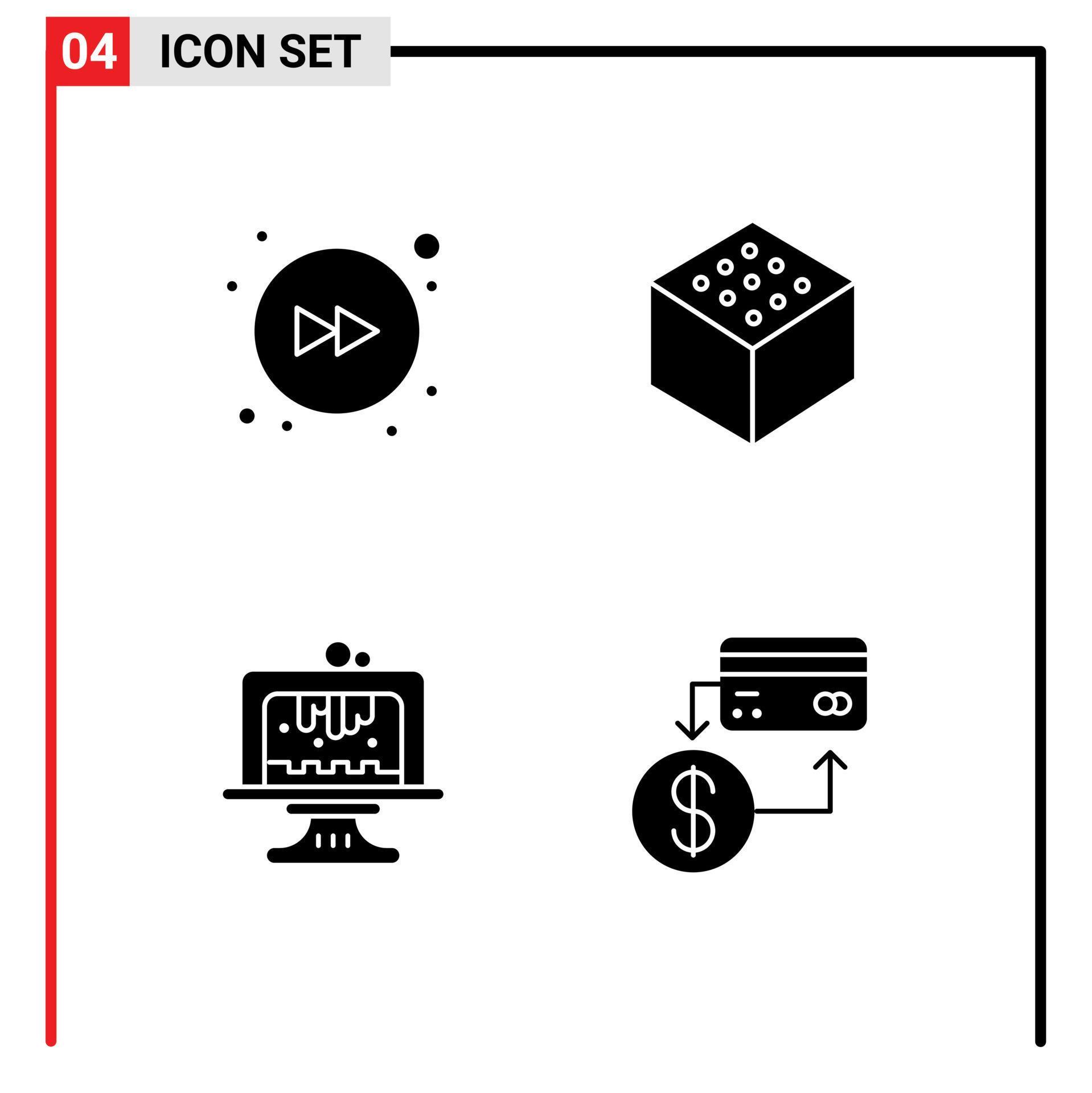 Modern Set of 4 Solid Glyphs Pictograph of arrow accounting cube birthday cashless Editable Vector Design Elements Stock Free