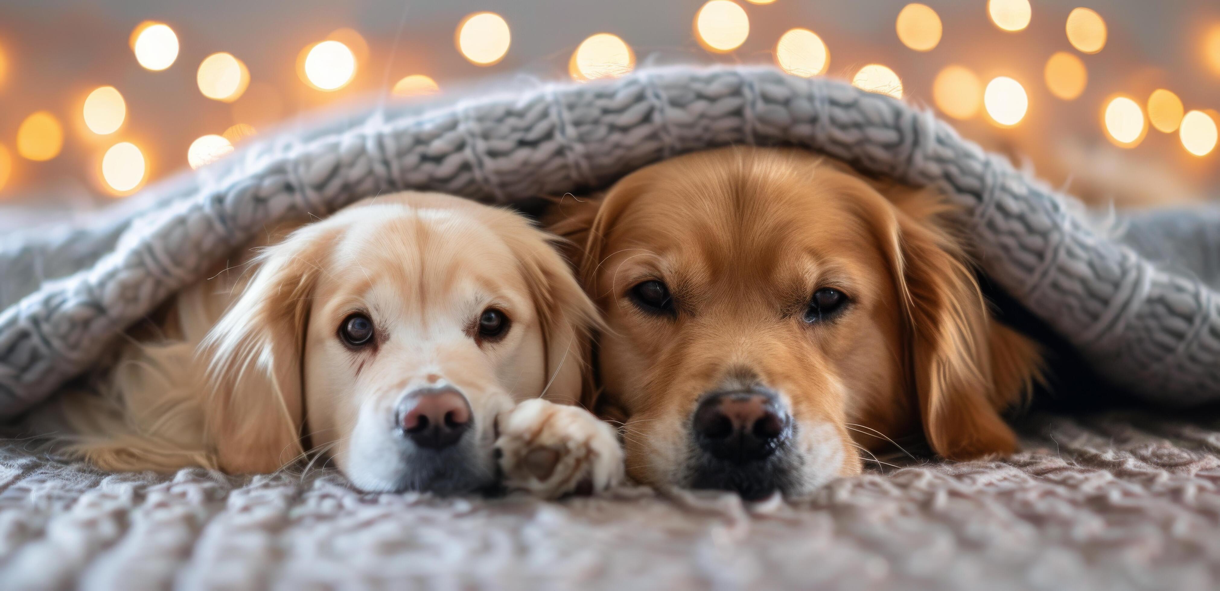 Cozy Cat and Dog Wrapped in Blanket on a Soft Surface With Warm Lights Background Stock Free