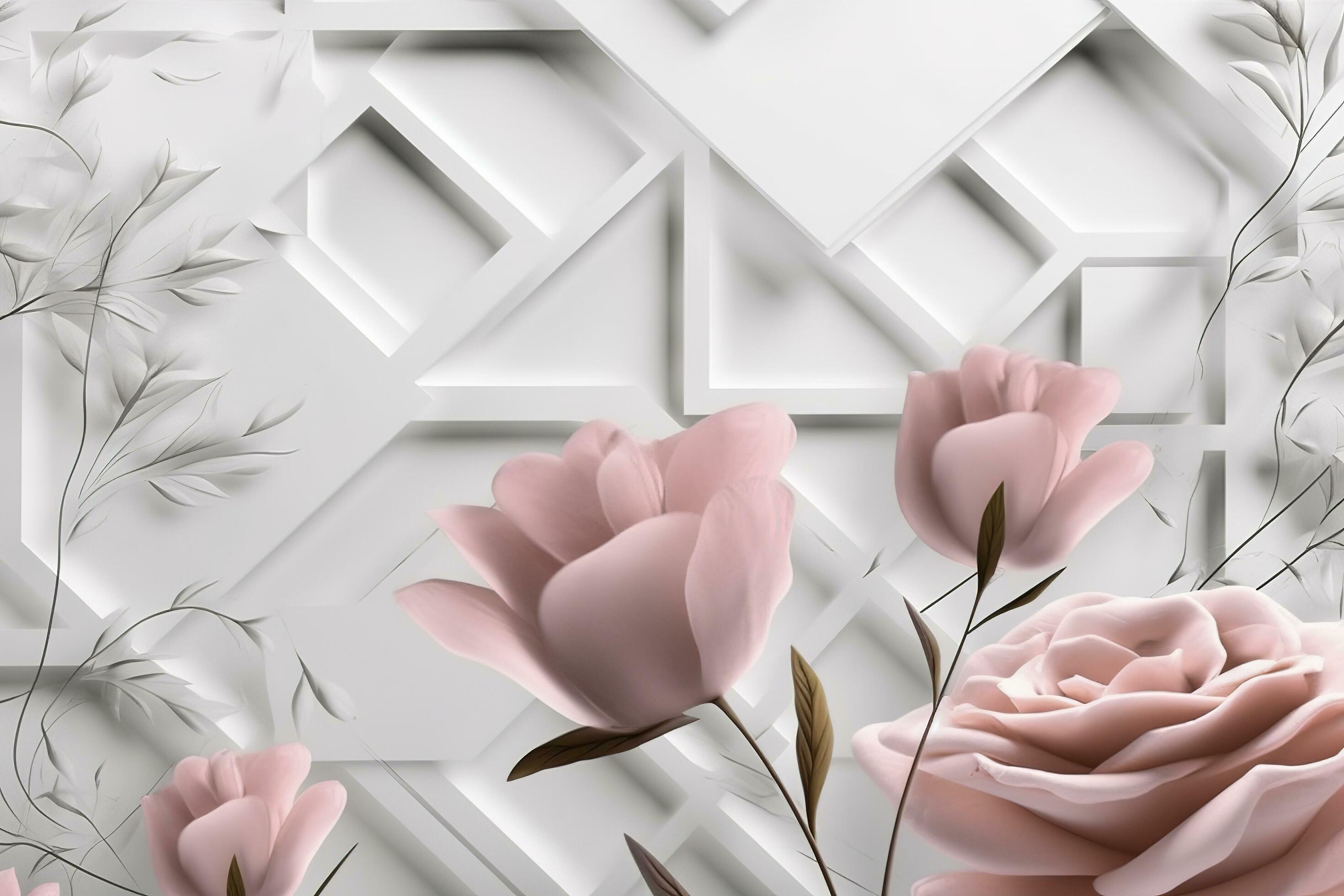 3d classic wallpaper. rose flowers on a light gray background with squares and wavy shapes. for wall home decor, generate ai Stock Free