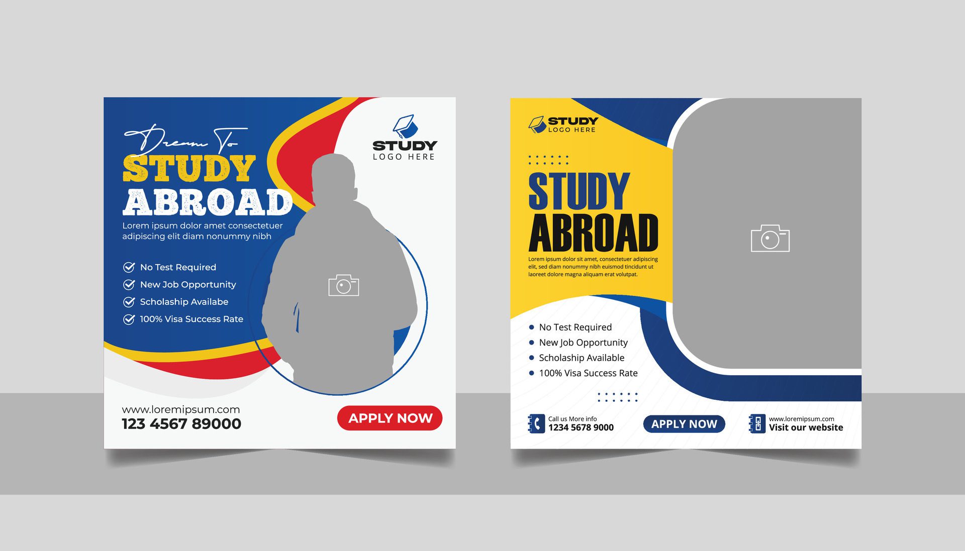 Study abroad social media post set, Higher education online square flyer school admission web banner template Free Vector