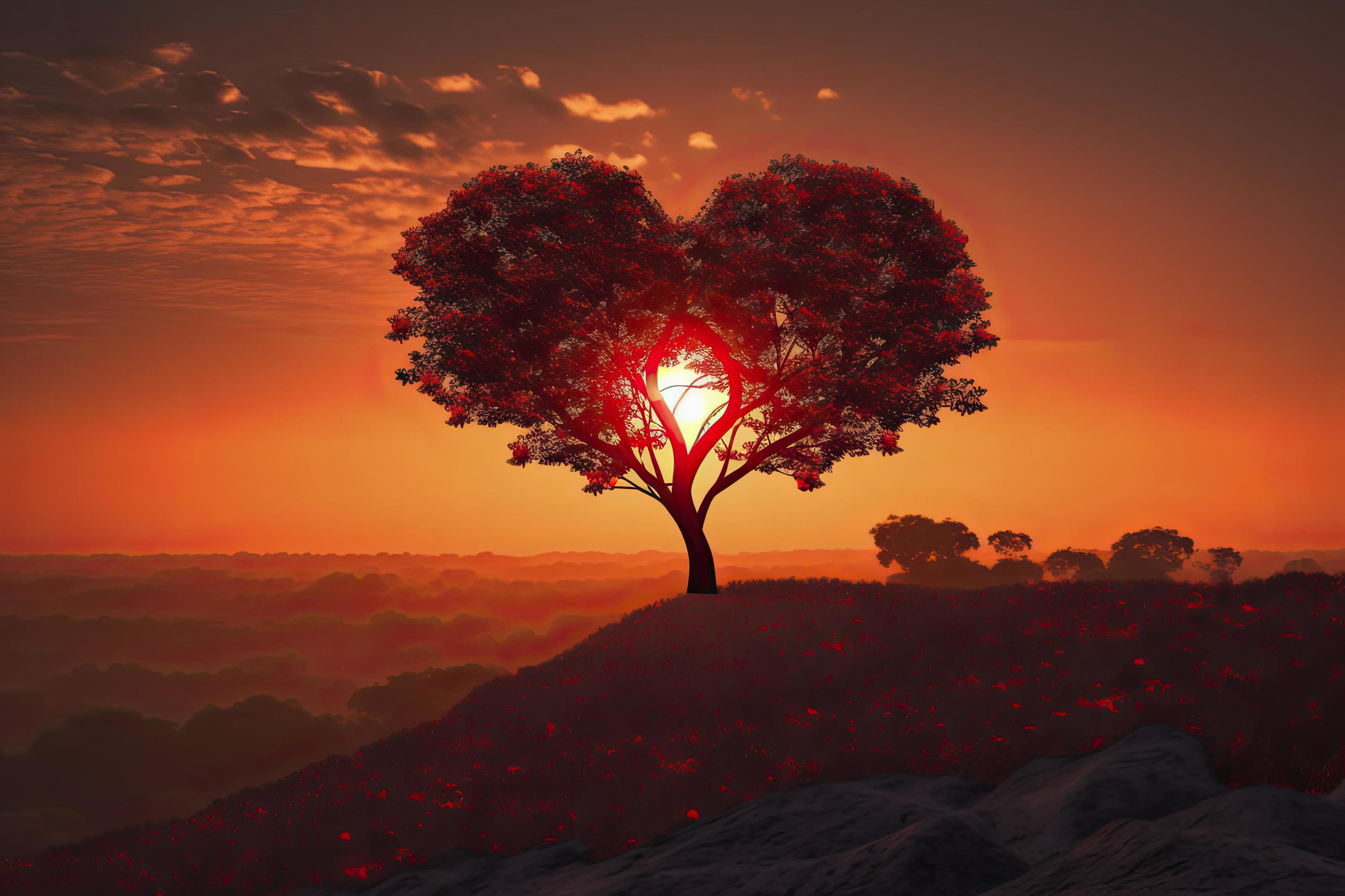 Heart Tree Love For Nature Red Landscape At Sunset Stock Free