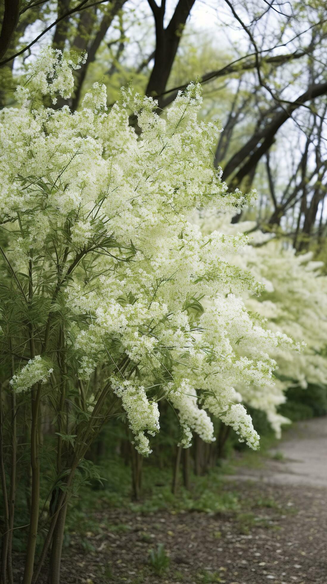 The green Sophora japonica trees are full of white Sophora japonica flowers, generate ai Stock Free