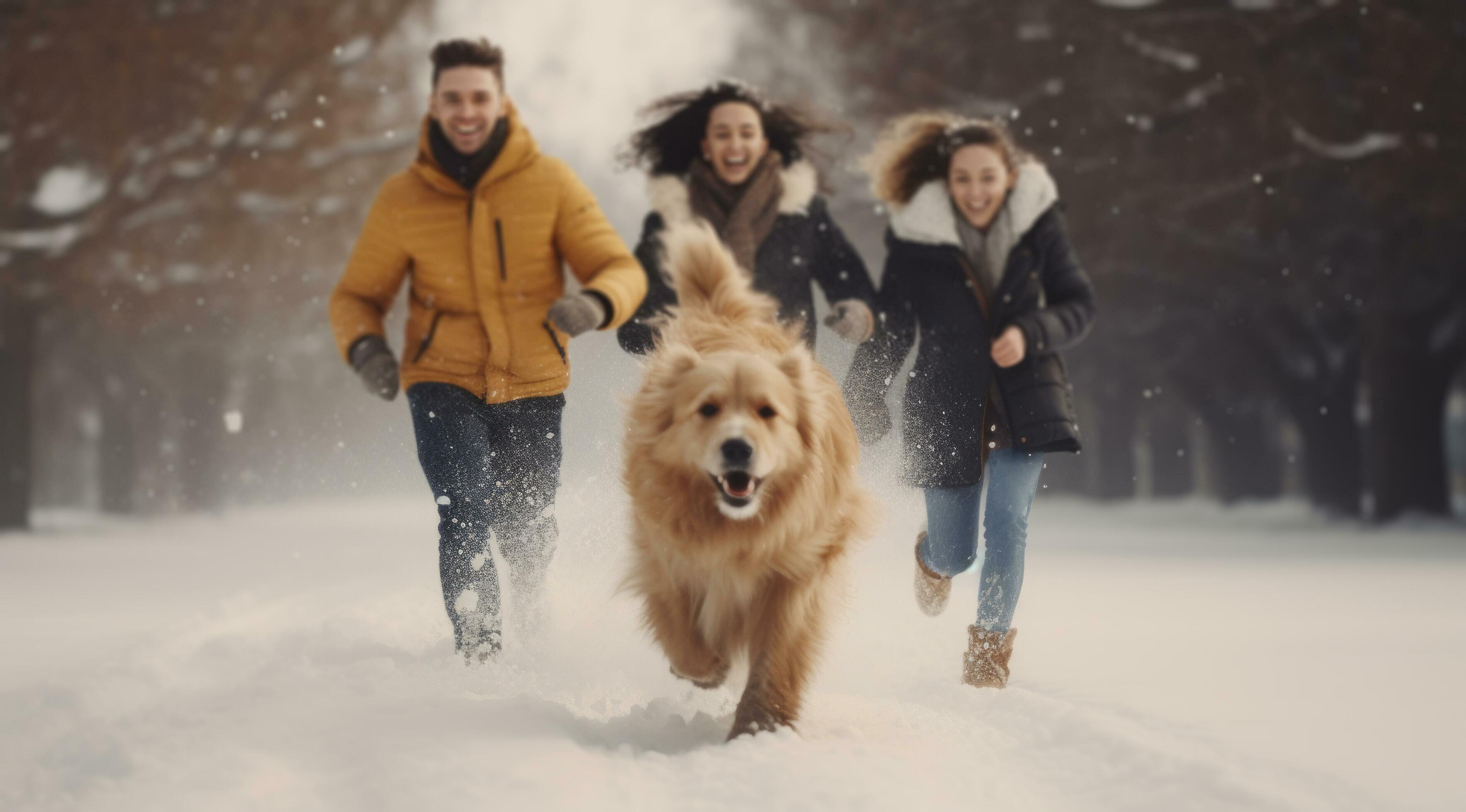 AI generated a family runs through snow with a dog Stock Free