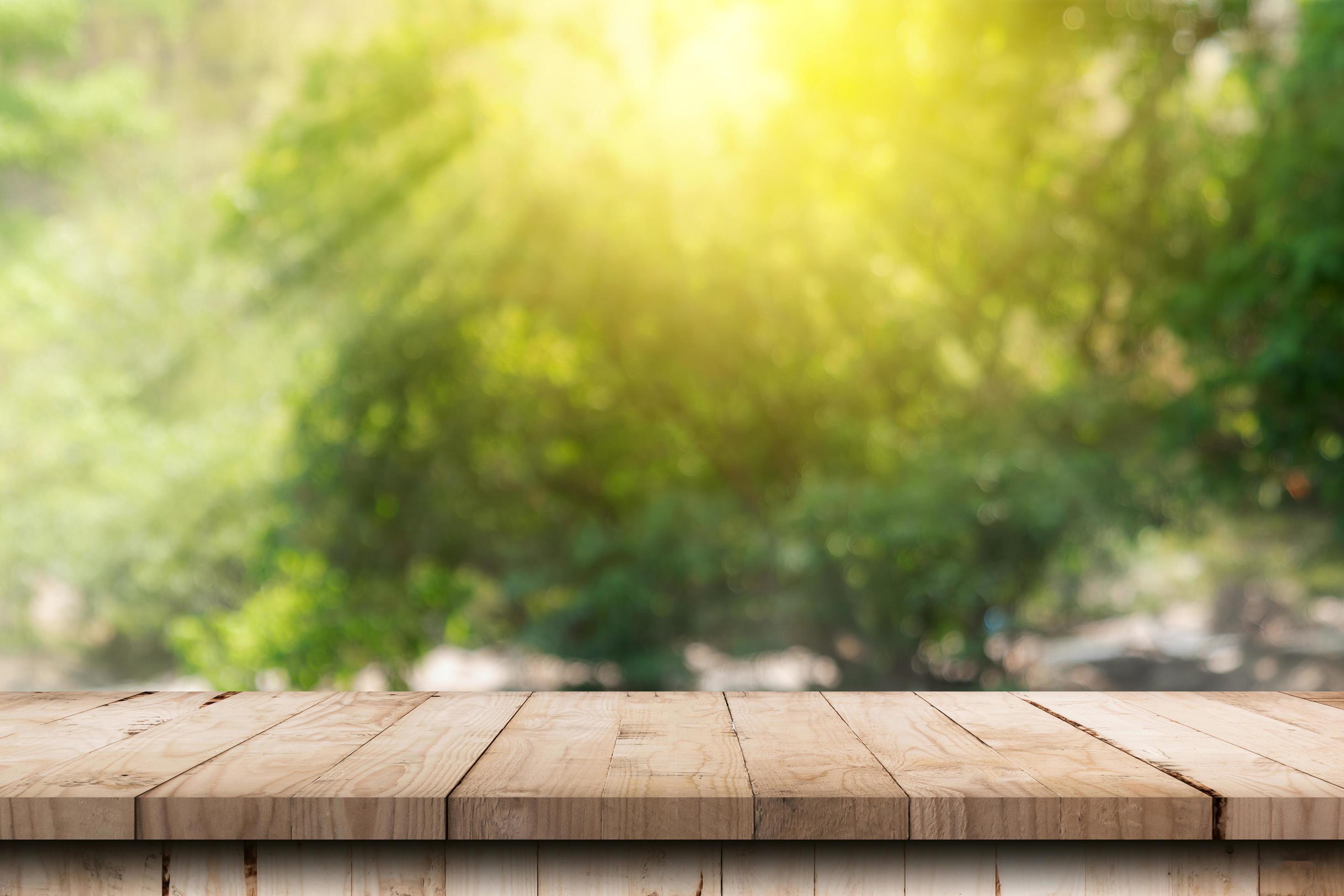 Wooden table and blurred green nature garden background with copy space Stock Free