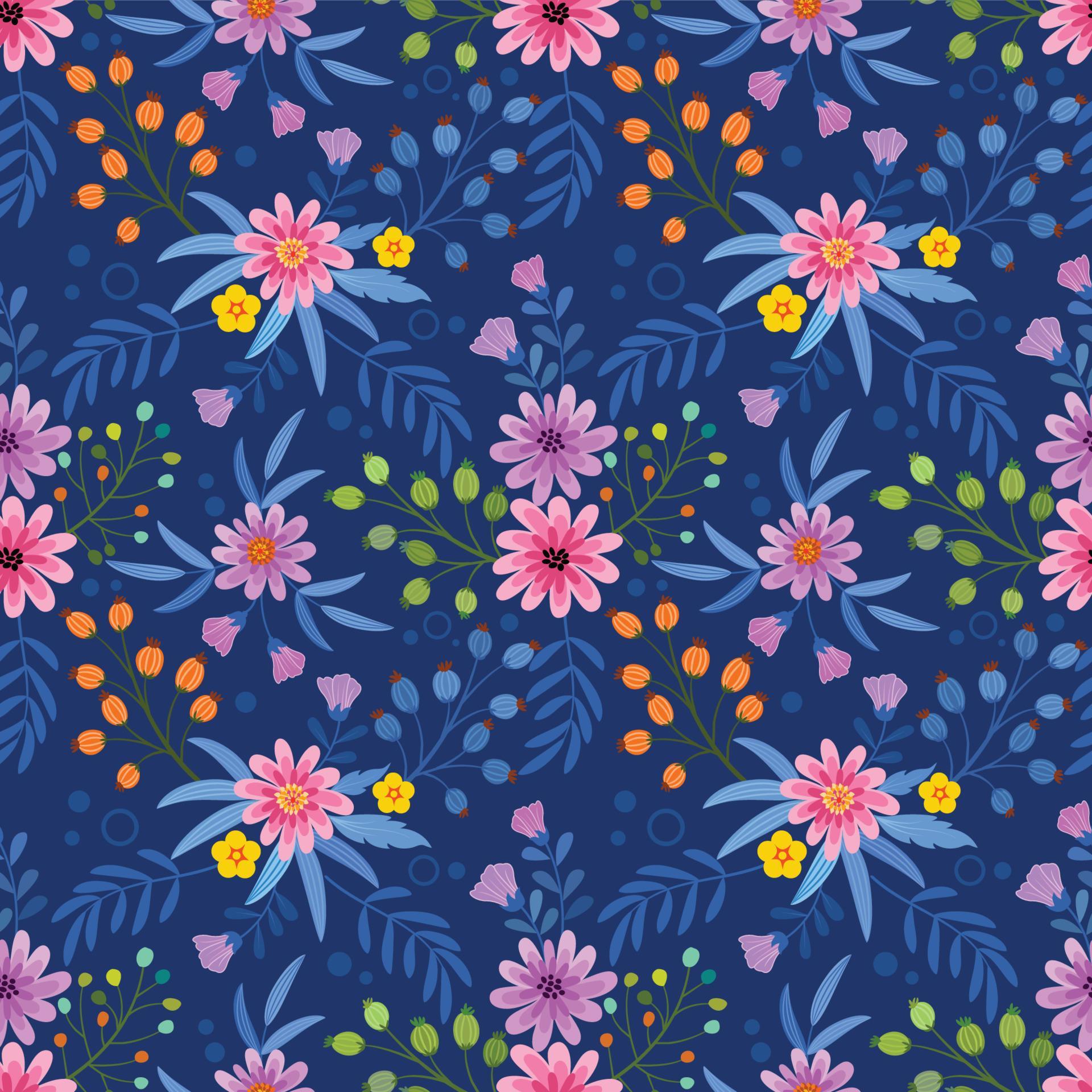 Colorful hand draw flowers on blue background seamless pattern Stock Free