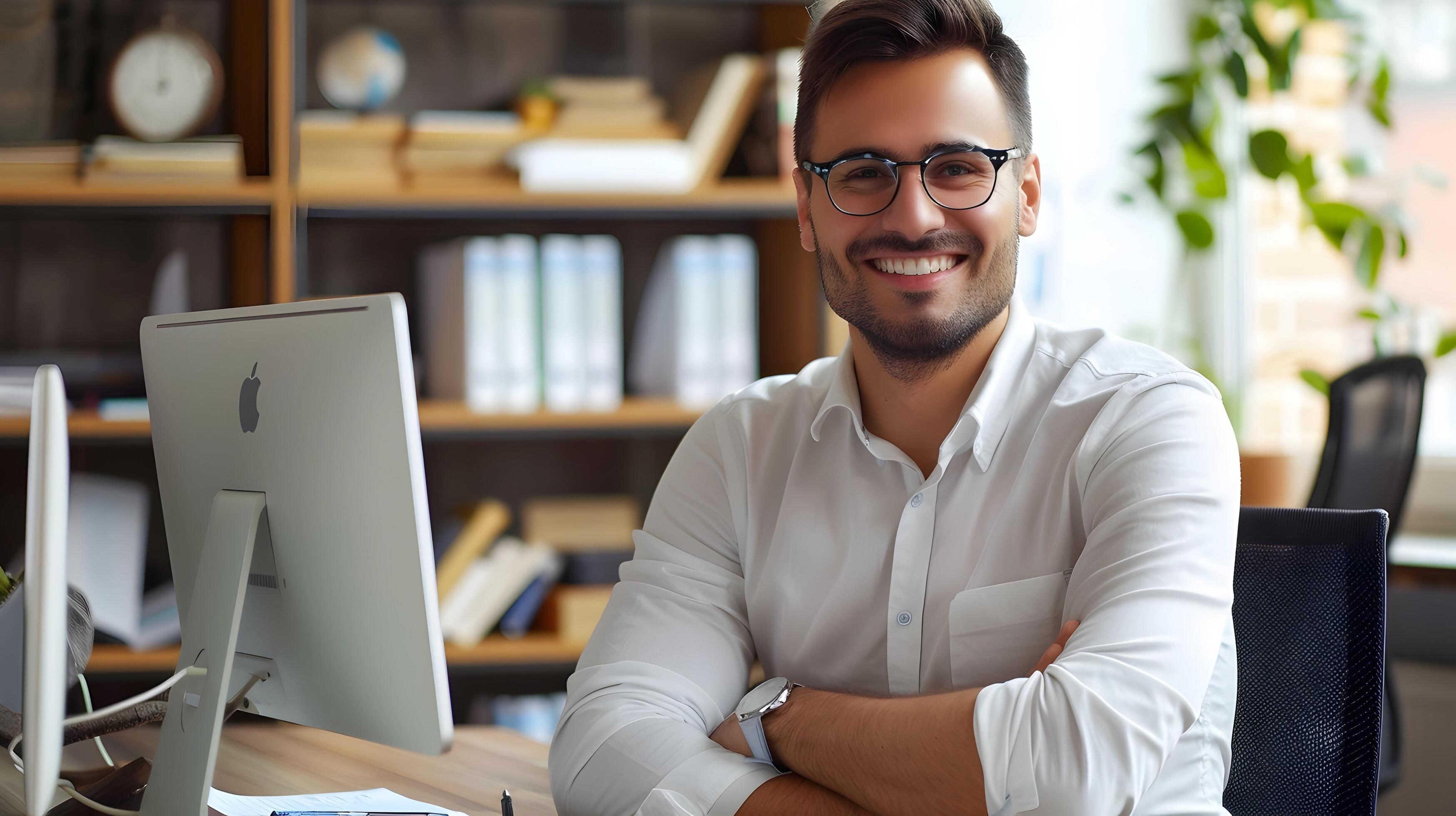 Confident Young Professional Working at His Desk in the Office Environment Stock Free