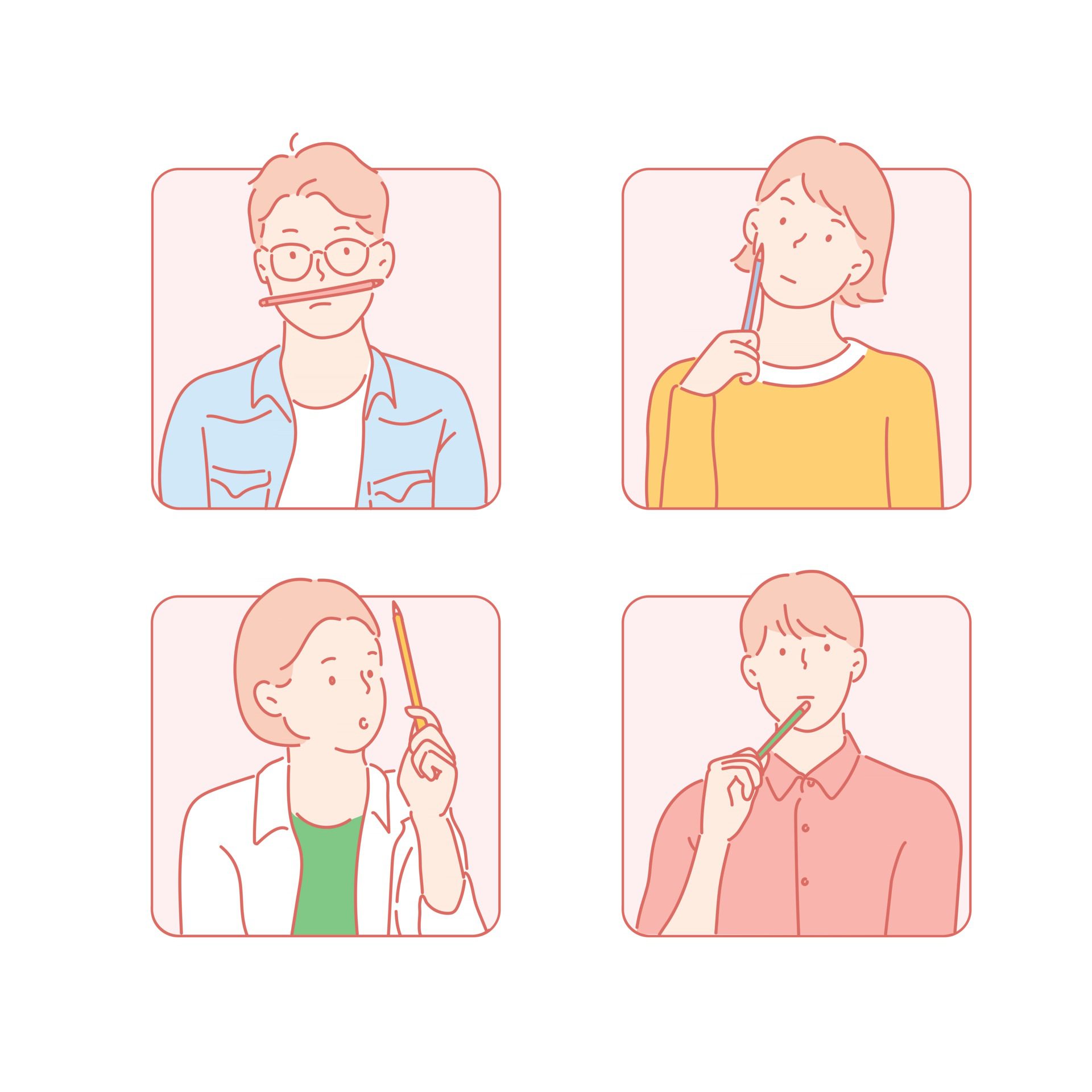 In a square frame, people holding pencils have thoughtful expressions. hand drawn style vector design illustrations. Free Vector