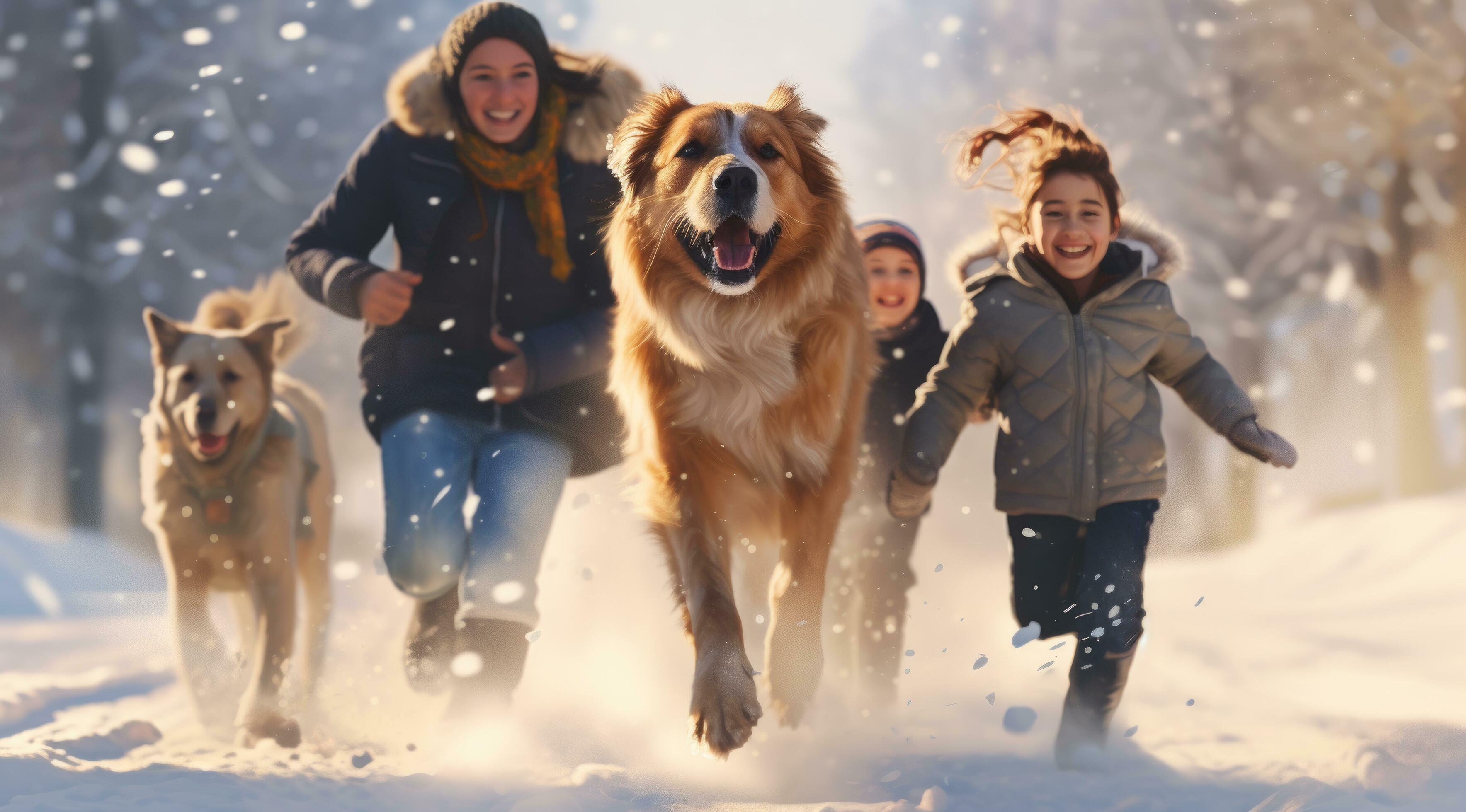 AI generated family and dogs running through the snow Stock Free