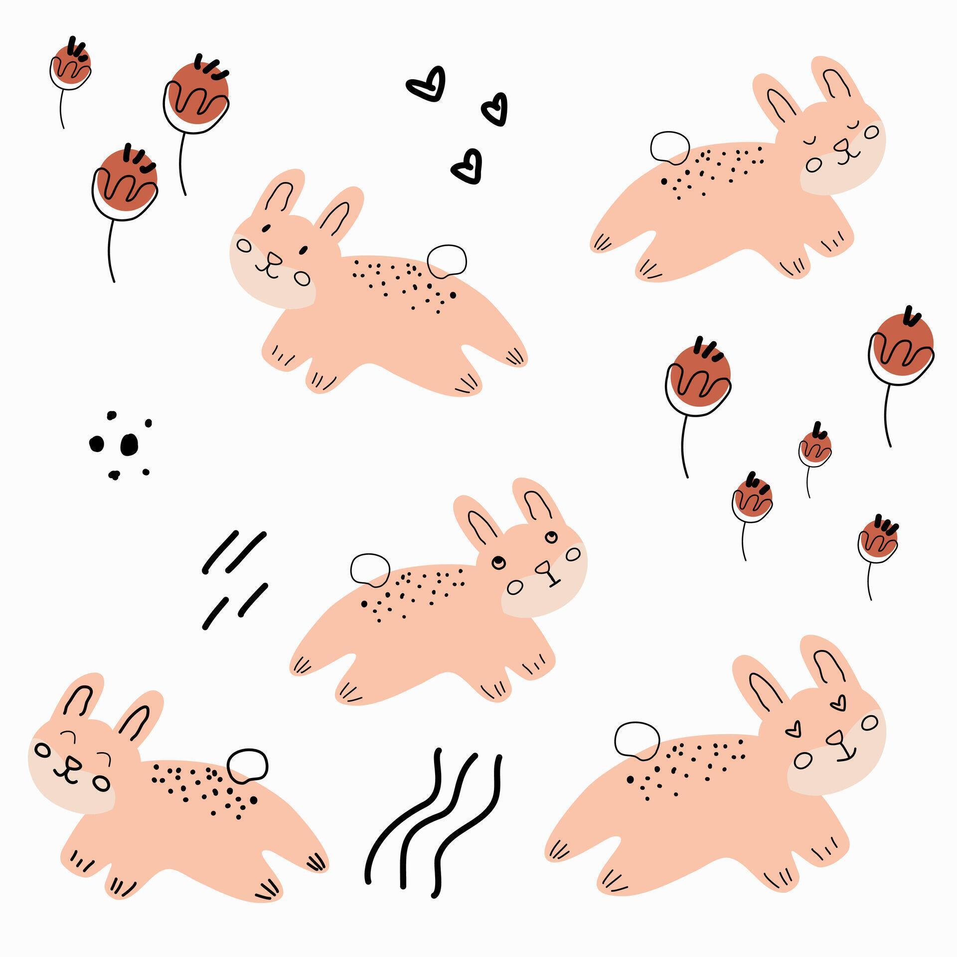 illustration of cute rabbits jumping, flowers and doodle with bohemian color suitable for children product design Stock Free