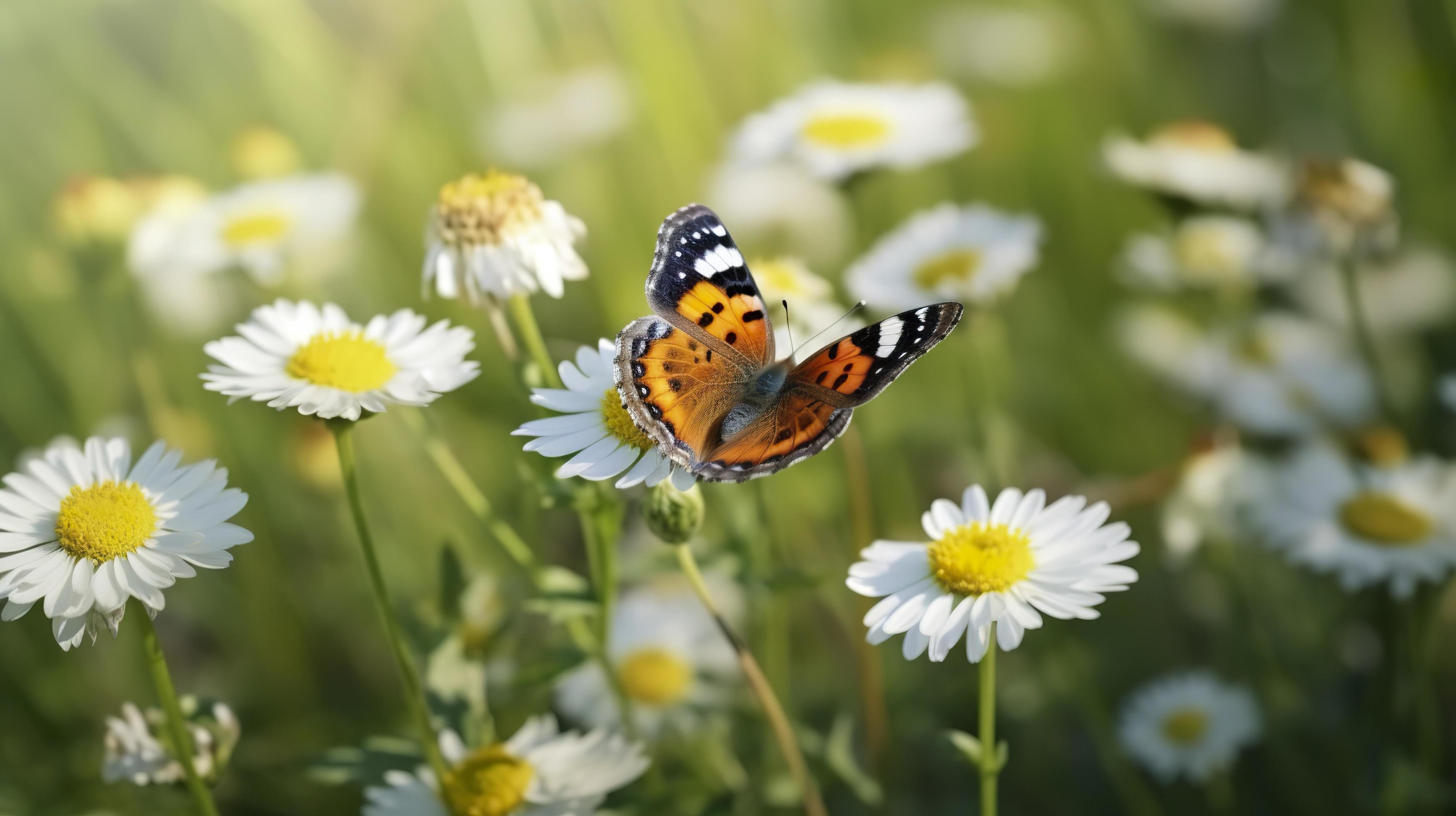 Photo the yellow orange butterfly is on the white pink flowers in the green grass fields, generat ai Stock Free