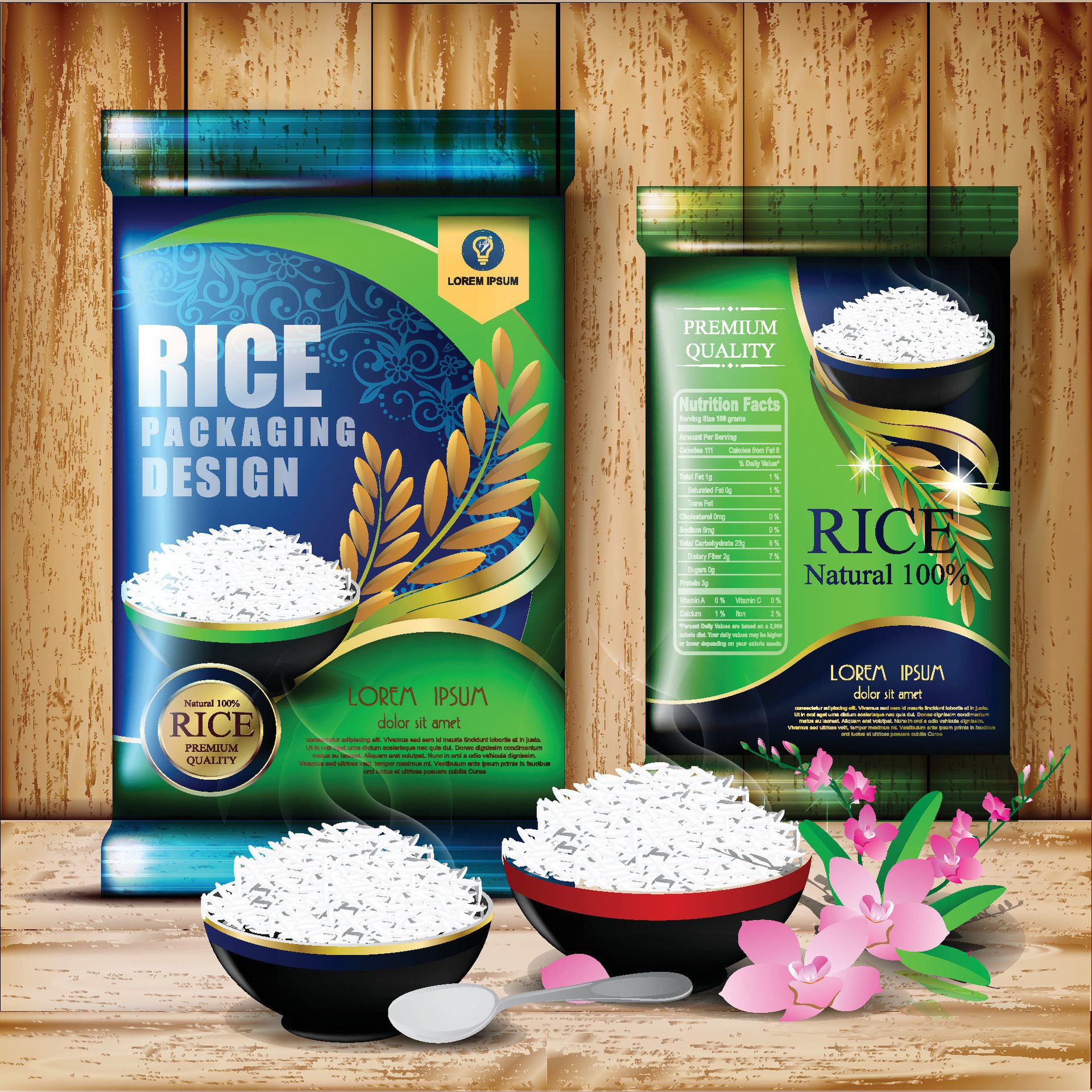 Rice Package food Logo Products and Fabric Arts, banner and poster template Free Vector