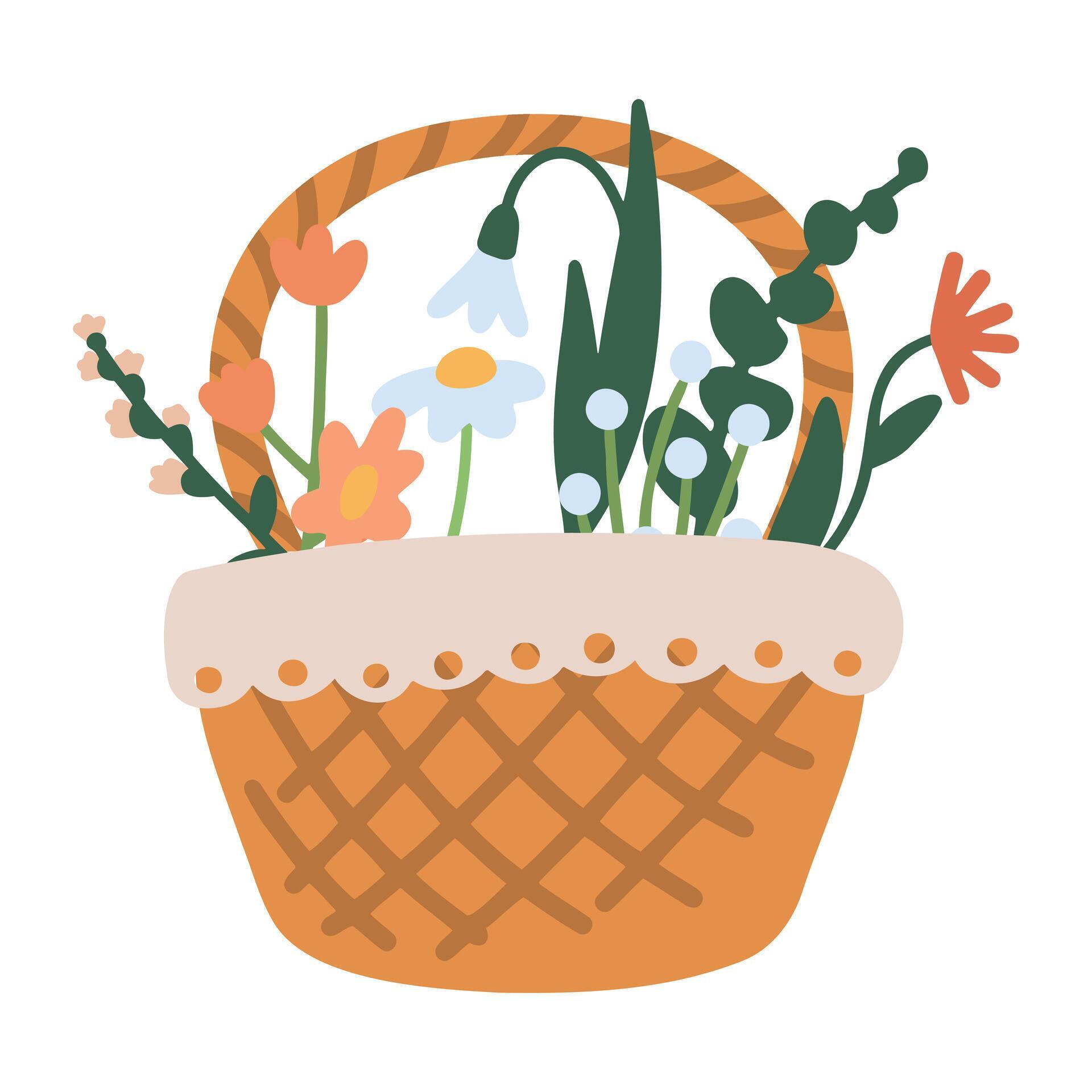 basket with flowers and green leaves. Vector illustration in a flat style isolated on white background Stock Free