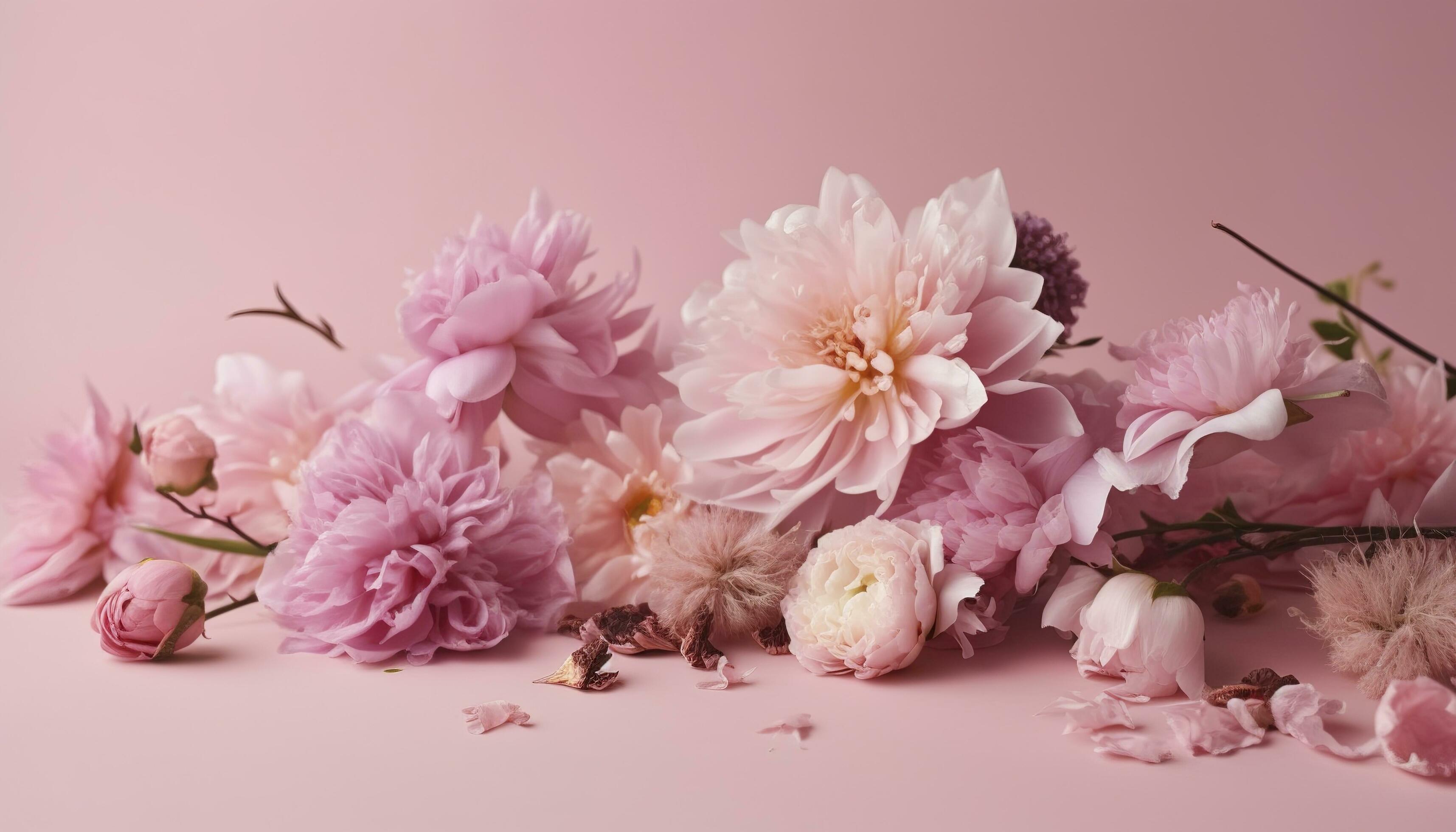 pink flowers composition over pastel background, generate ai Stock Free