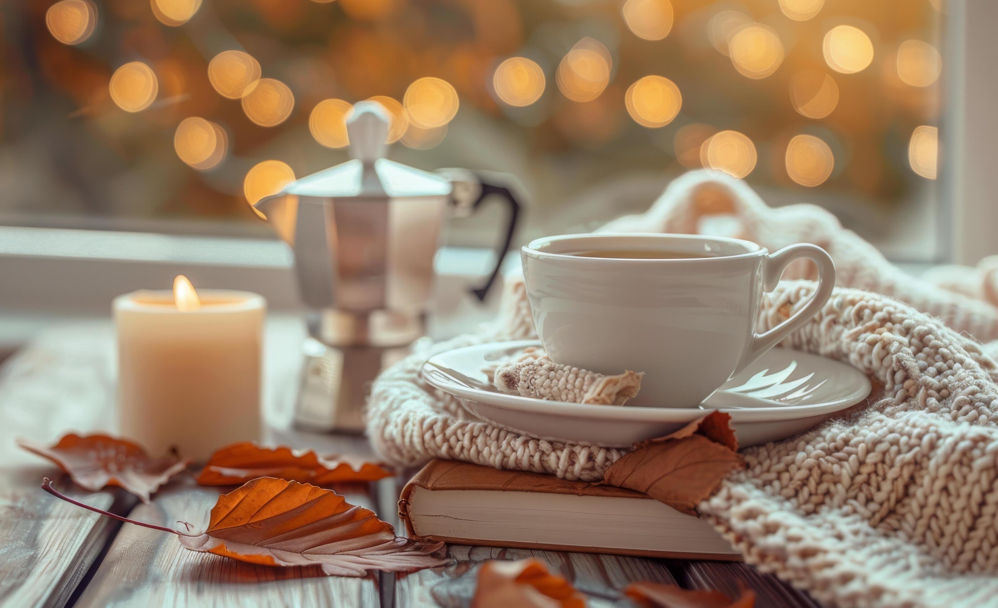 A Cozy Autumn Day With Tea, a Book, and a Pumpkin Stock Free