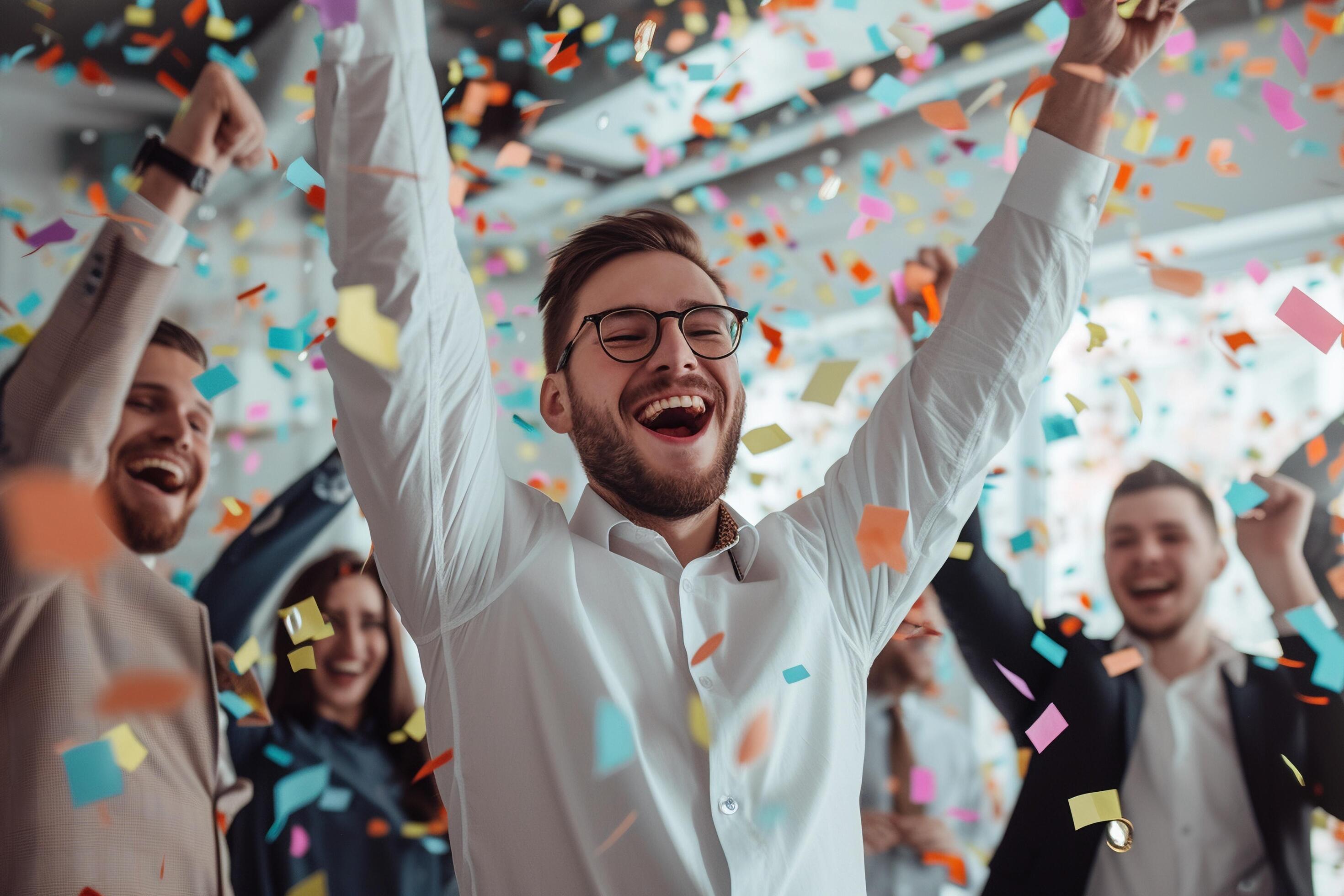 AI generated Group of happy business people celebrating success with raised hands in office. Stock Free