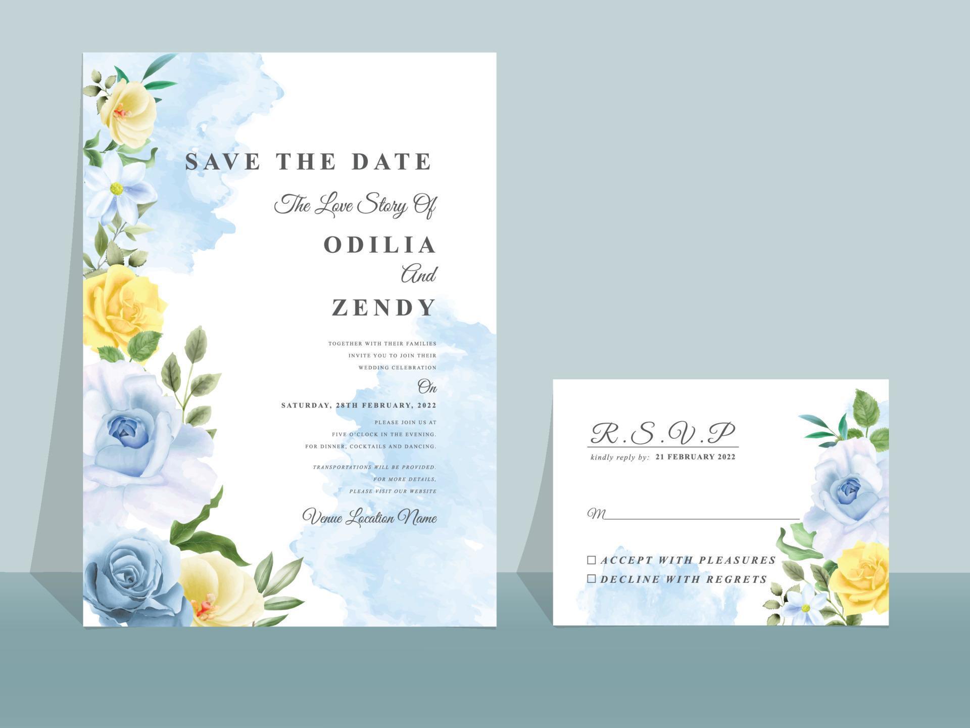 Wedding invitation card with beautiful blue and yellow flowers Stock Free