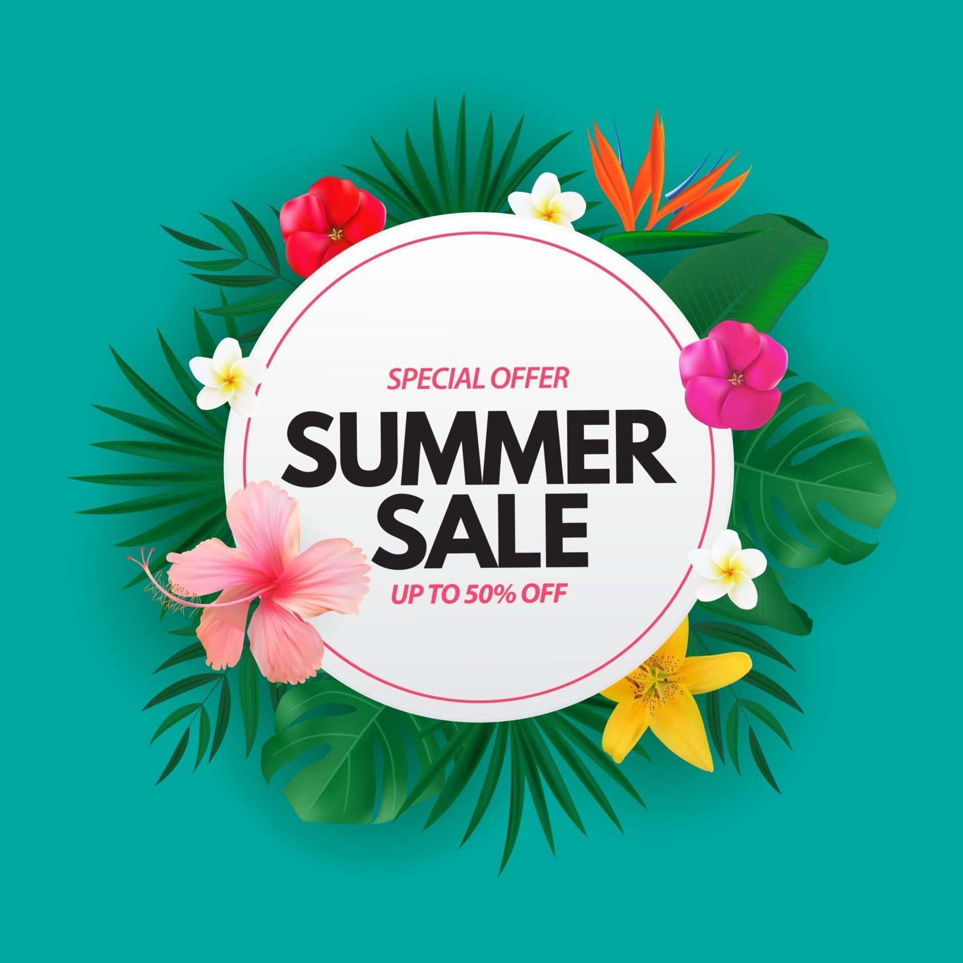 Summer sale poster Natural Background with Tropical Palm, Monstera Leaves and exotic flowers Stock Free