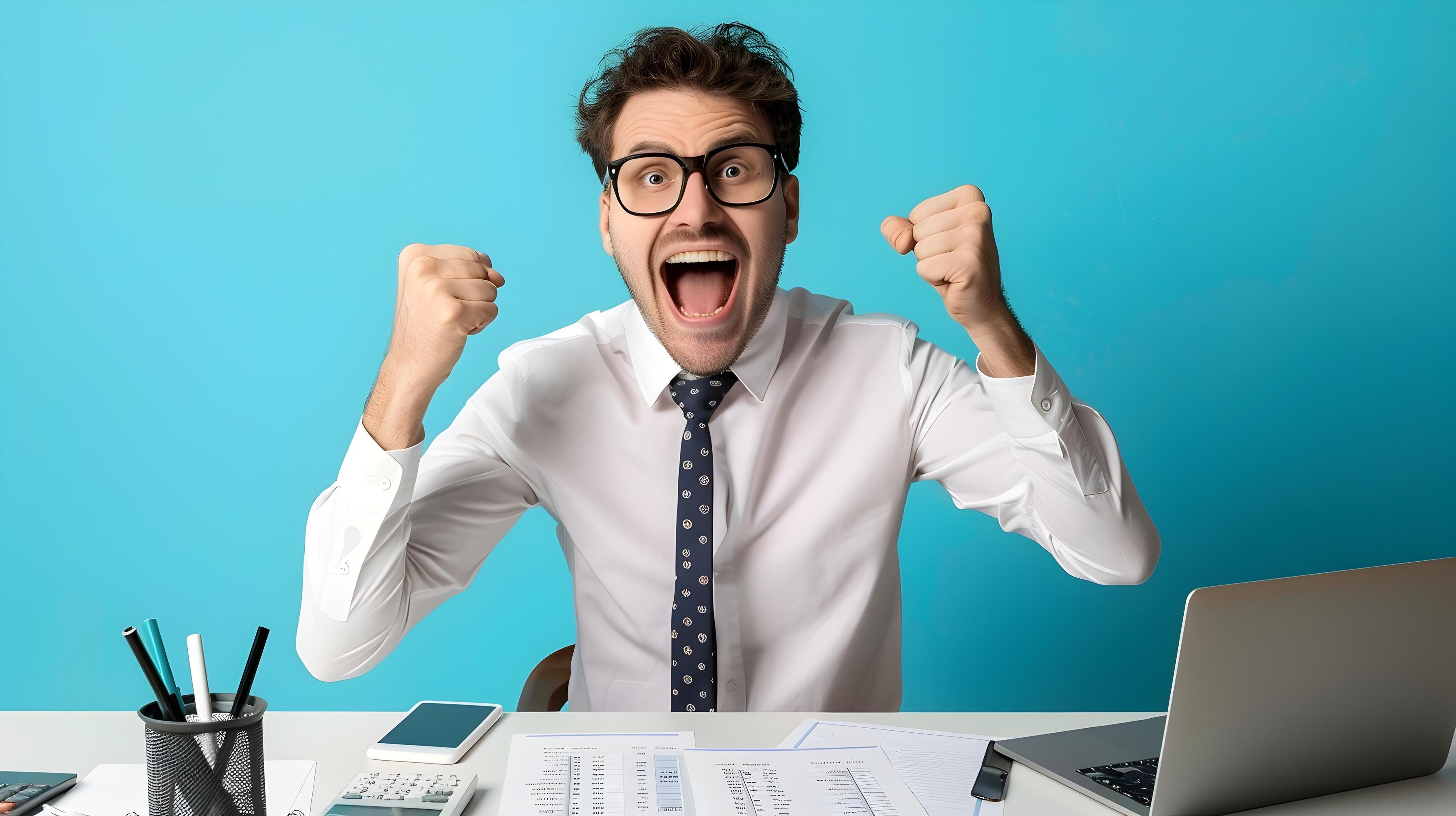 Confident Accounting Analyst Celebrating Work Accomplishments with Laptop at Desk Stock Free