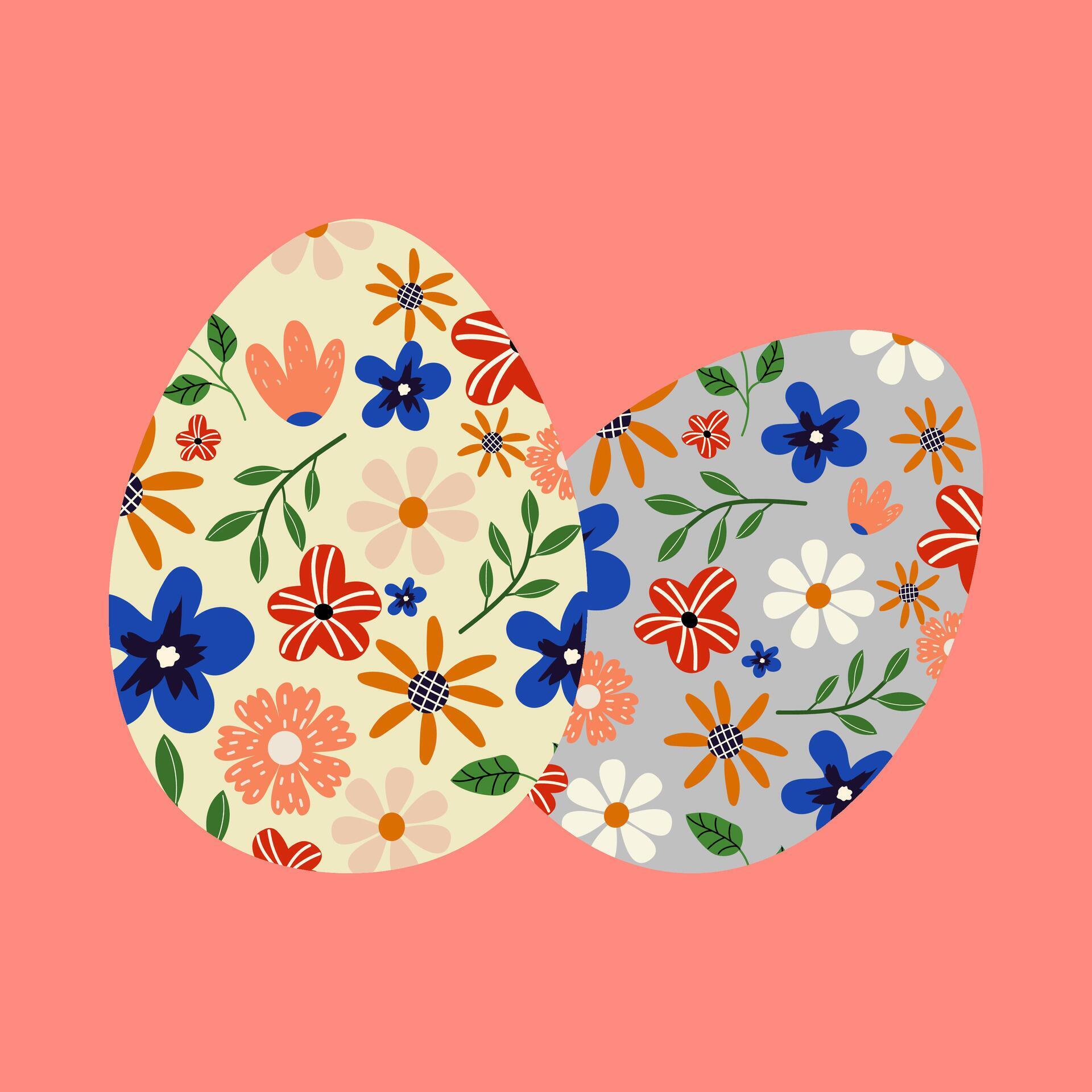 Vector easter eggs decorated with flowers. Illustration in hand drawn style. Pink Isolated background. Stock Free