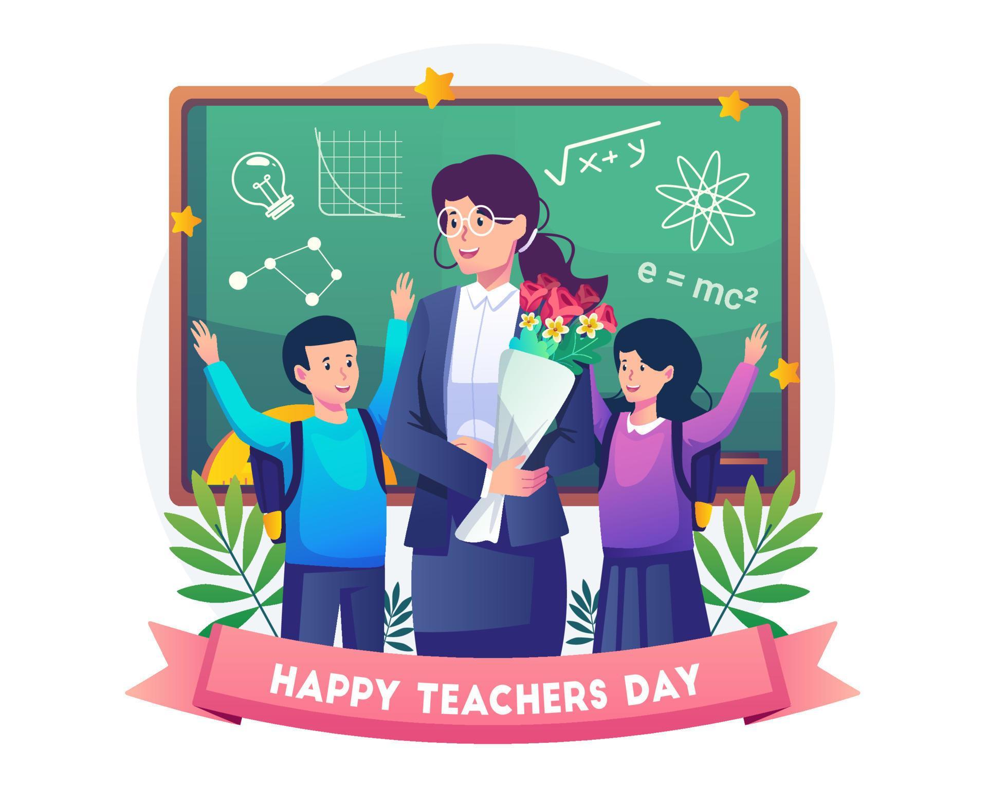 Two students give flowers to their female teacher on teacher’s day. Vector illustration in flat style Stock Free