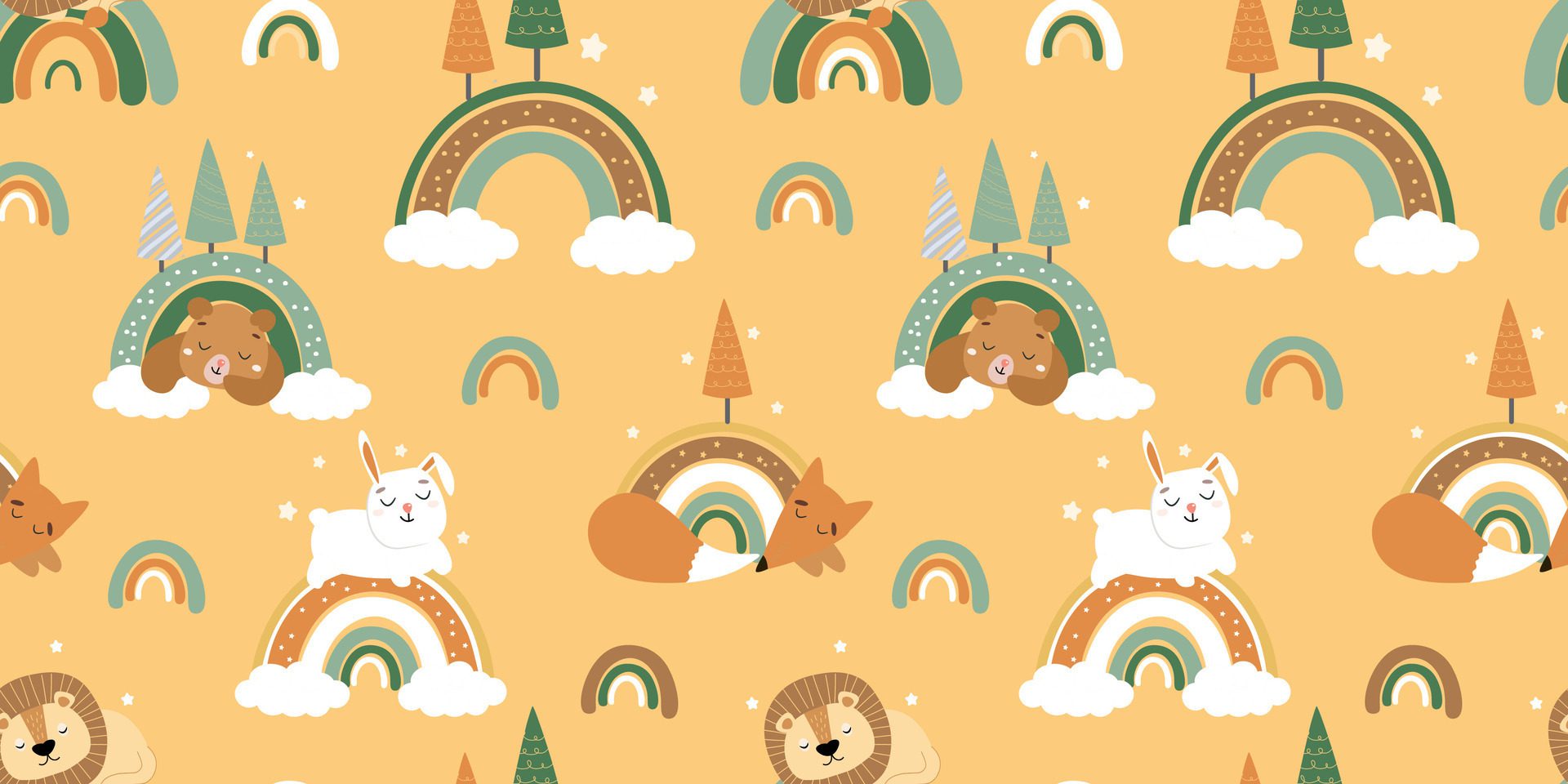 Seamless pattern with animals sleeping on a rainbow. Print for children with dream fox, bear, hare. Vector graphics. Free Vector